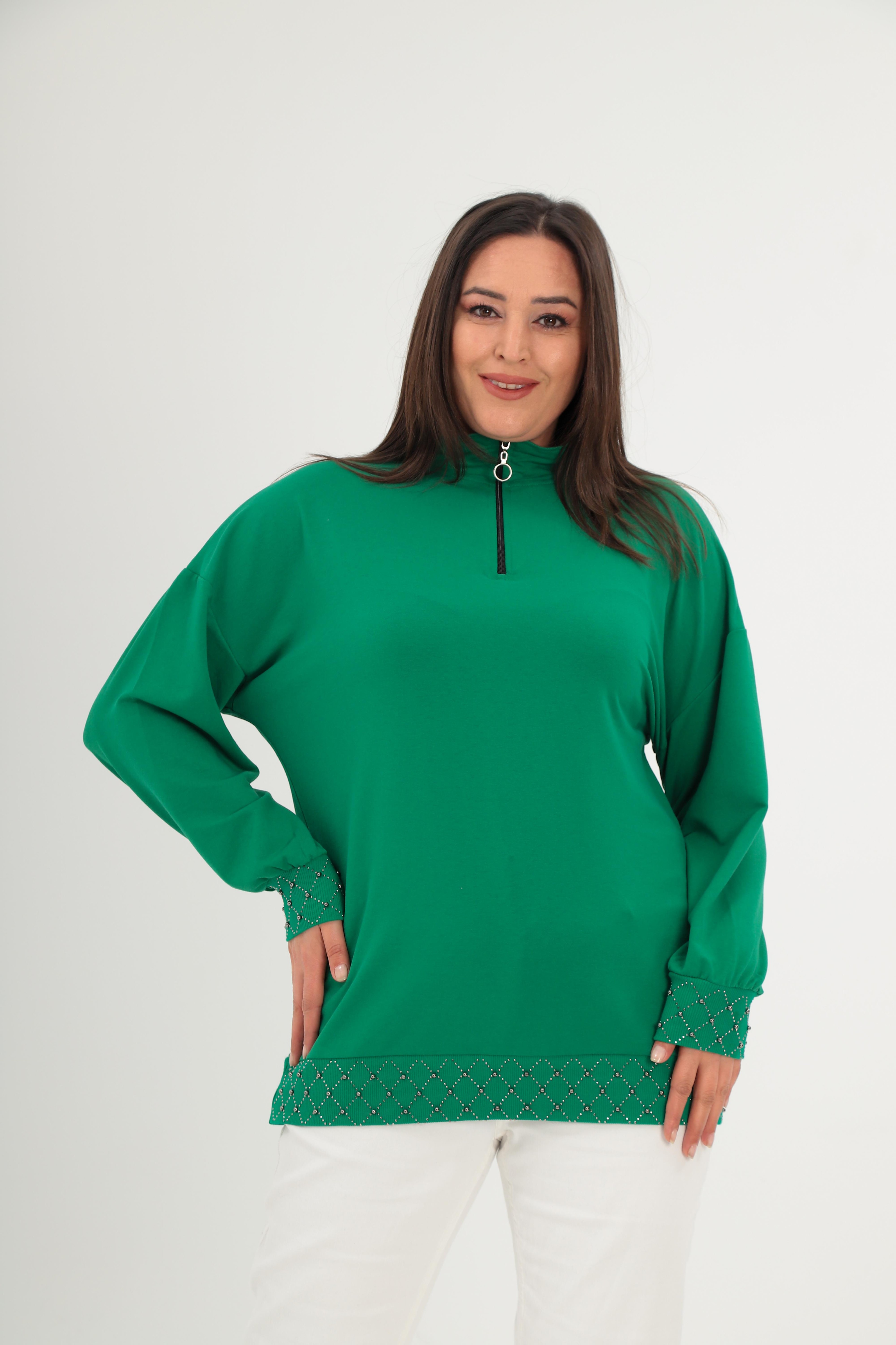 Büyük Beden Yarım Balıkçı Yaka Fermuarlı Geometrik Taş Detaylı  Sweatshirt - Yeşil