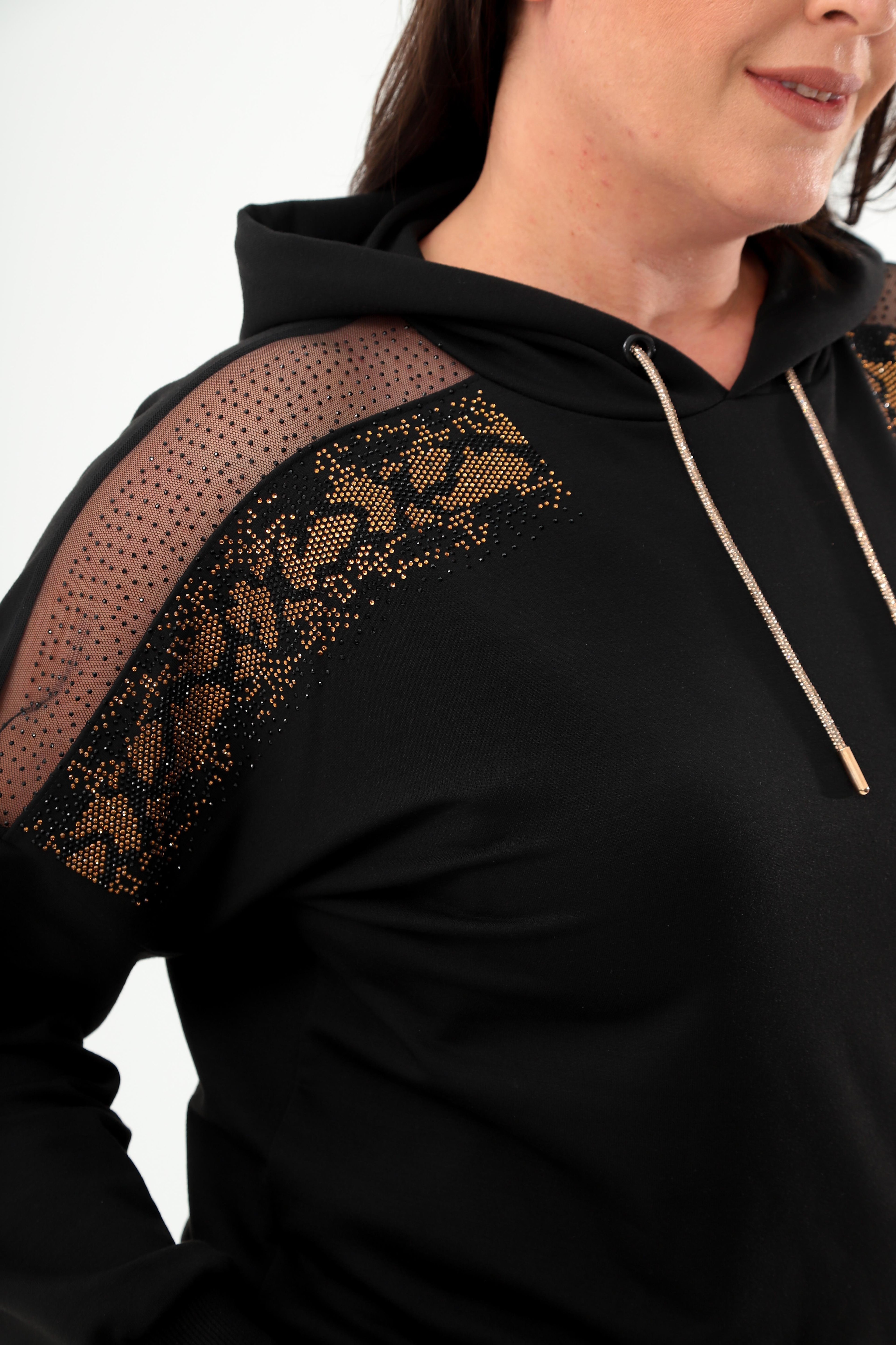 Kadın.Büyük Beden Siyah Kapüşonlu Taş ve Tül Detaylı Kadın Sweatshirt