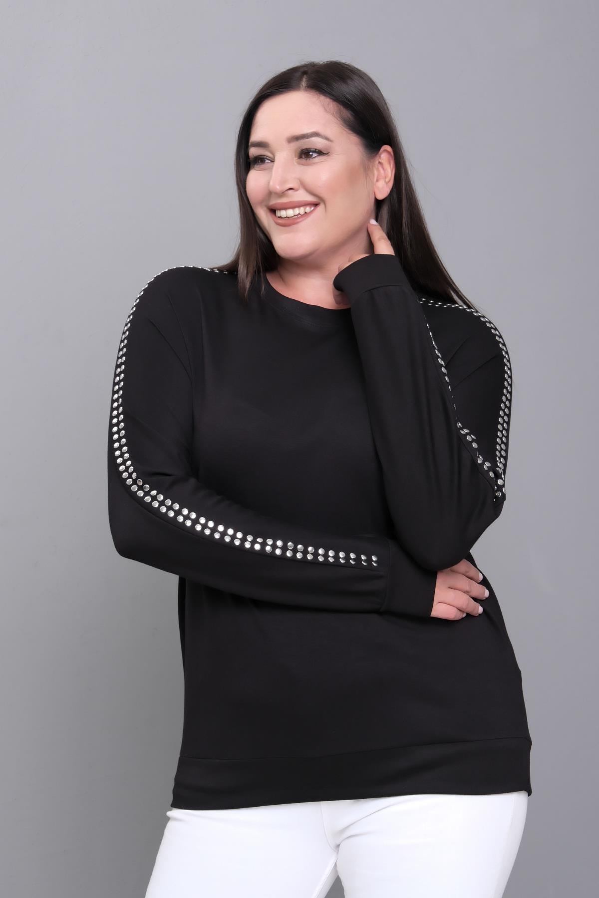 Kadın Büyük Beden Kolları Metal Baskılı Siyah Sweatshirt  - Siyah