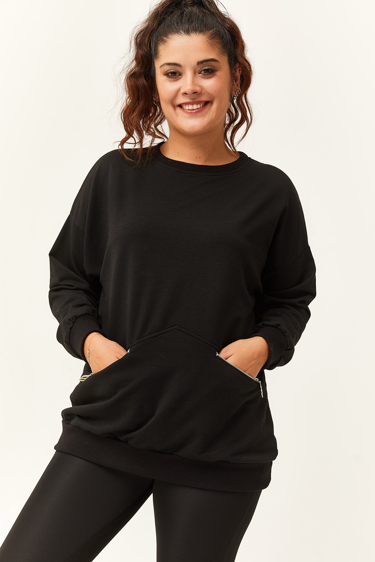 Kadın Büyük Beden Fermuarlı Cep Detaylı Basic Sweatshirt