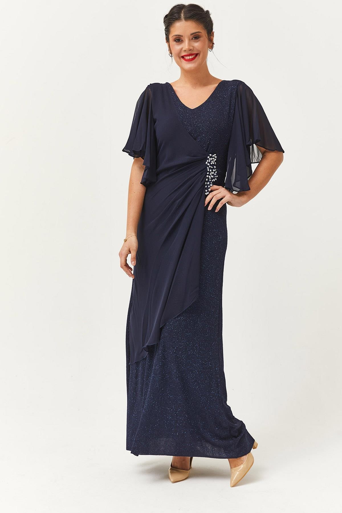 Kadın Büyük Beden Şifon Kol Taşlı Asimetrik Detaylı Uzun Abiye & Gece Elbisesi