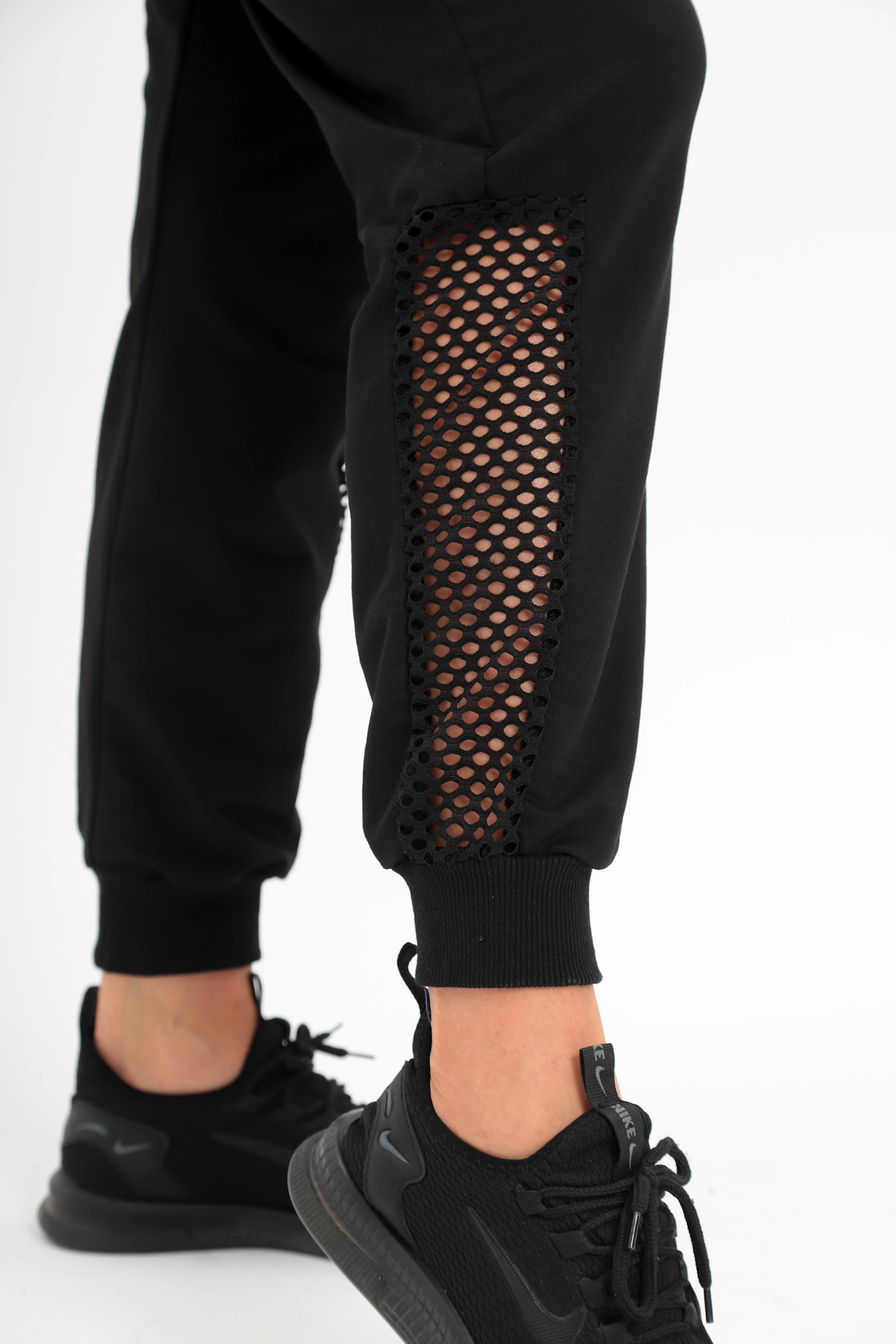 Kadın Büyük Beden Kolları Transparan Bisiklet Yaka Siyah Eşofman Takımı - Siyah