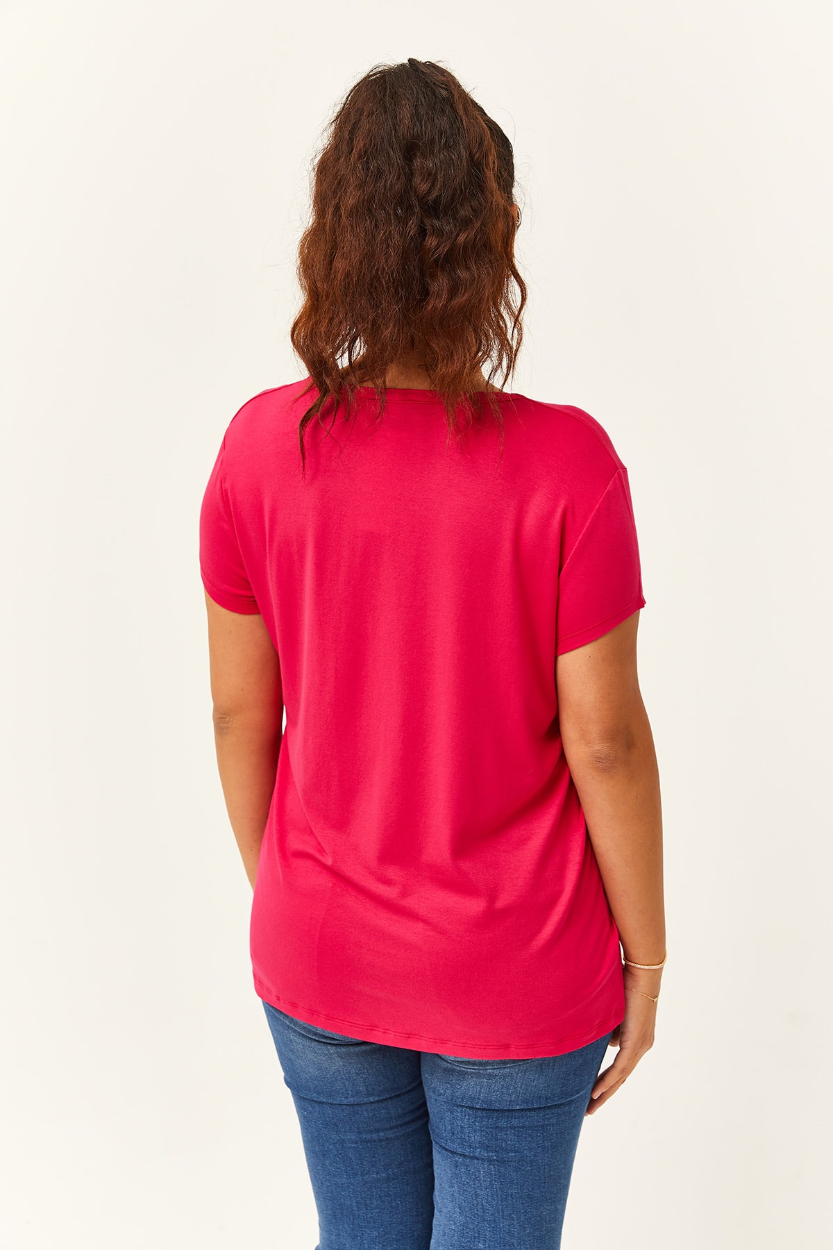 Kadın Büyük Beden V Yaka Basic Kısa Kollu T-Shirt - Pembe