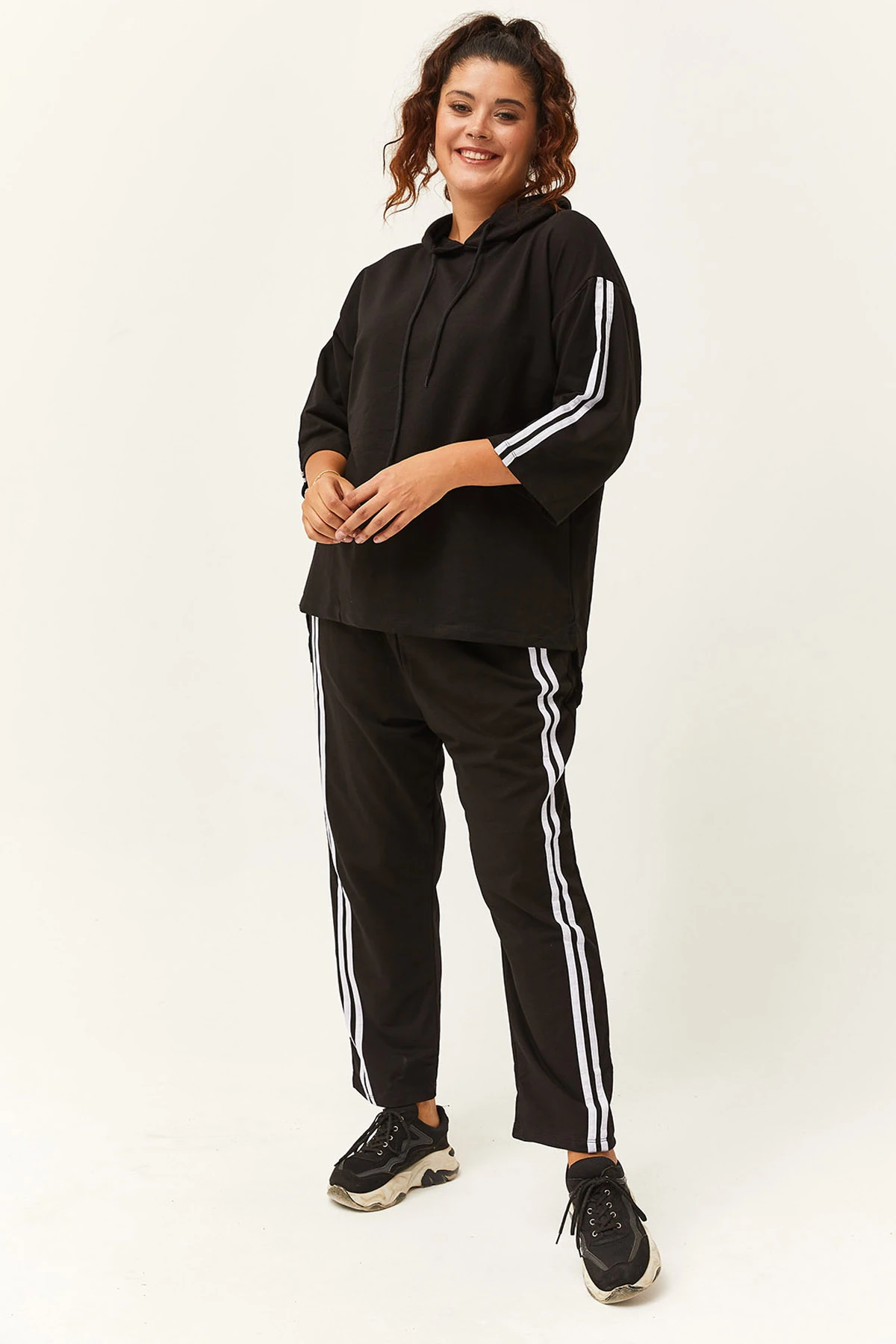 Kadın Büyük Beden Çift Çizgili Truvakar Kol Eşofman Takımı - Siyah