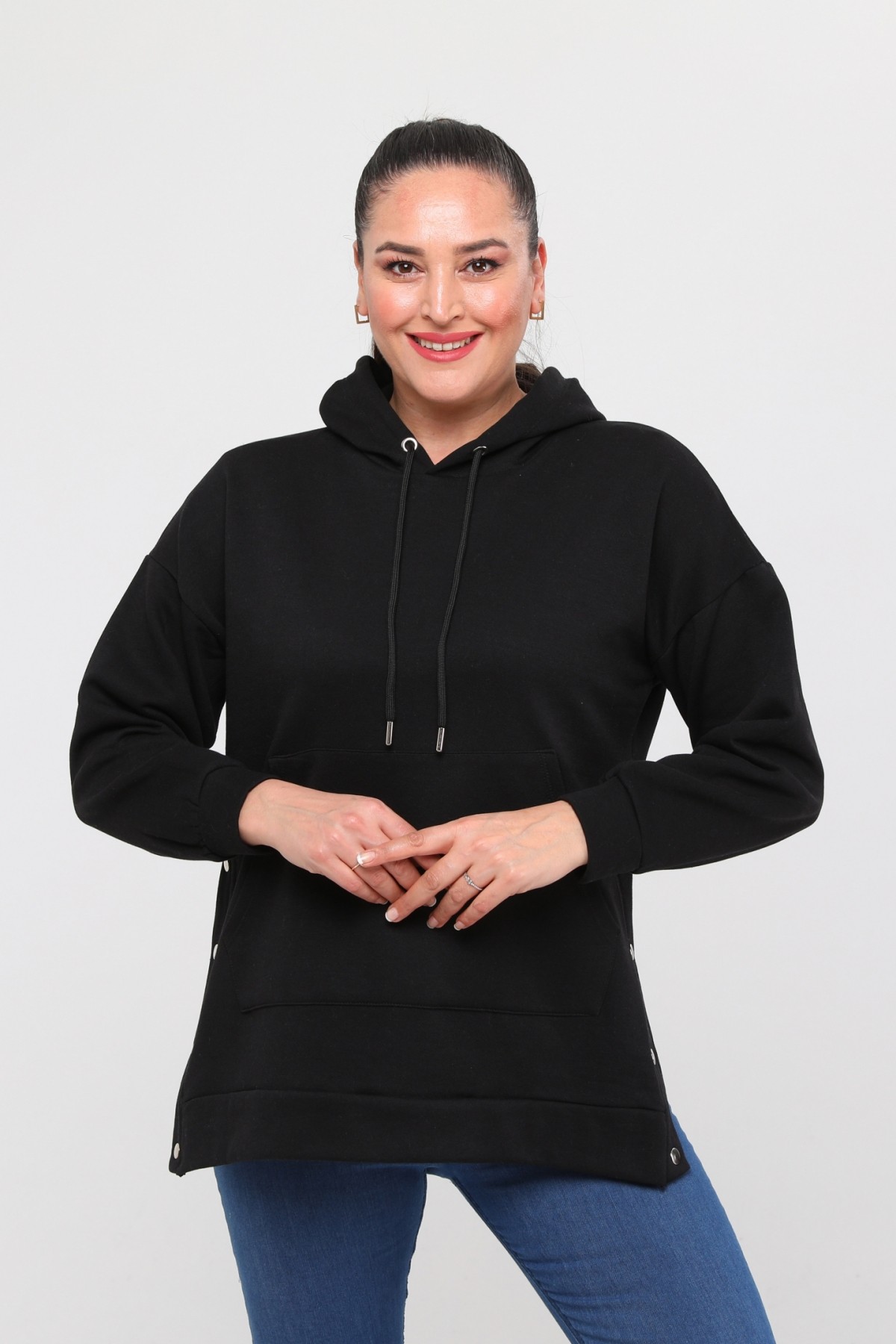 Kadın Büyük Beden Yanlar Çıt Çıt Kapamalı Basic Sweatshirt