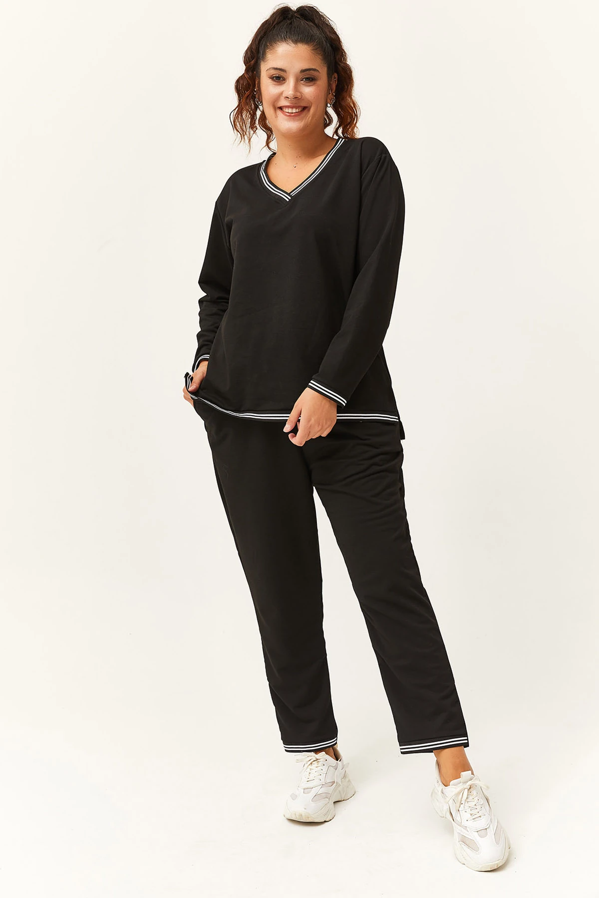 Kadın Büyük Beden Çizgili Eşofman Takımı - Siyah