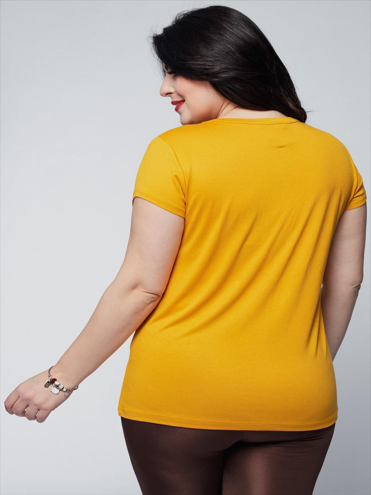 Kadın Büyük Beden V Yaka Basic Kısa Kollu T-Shirt - Hardal