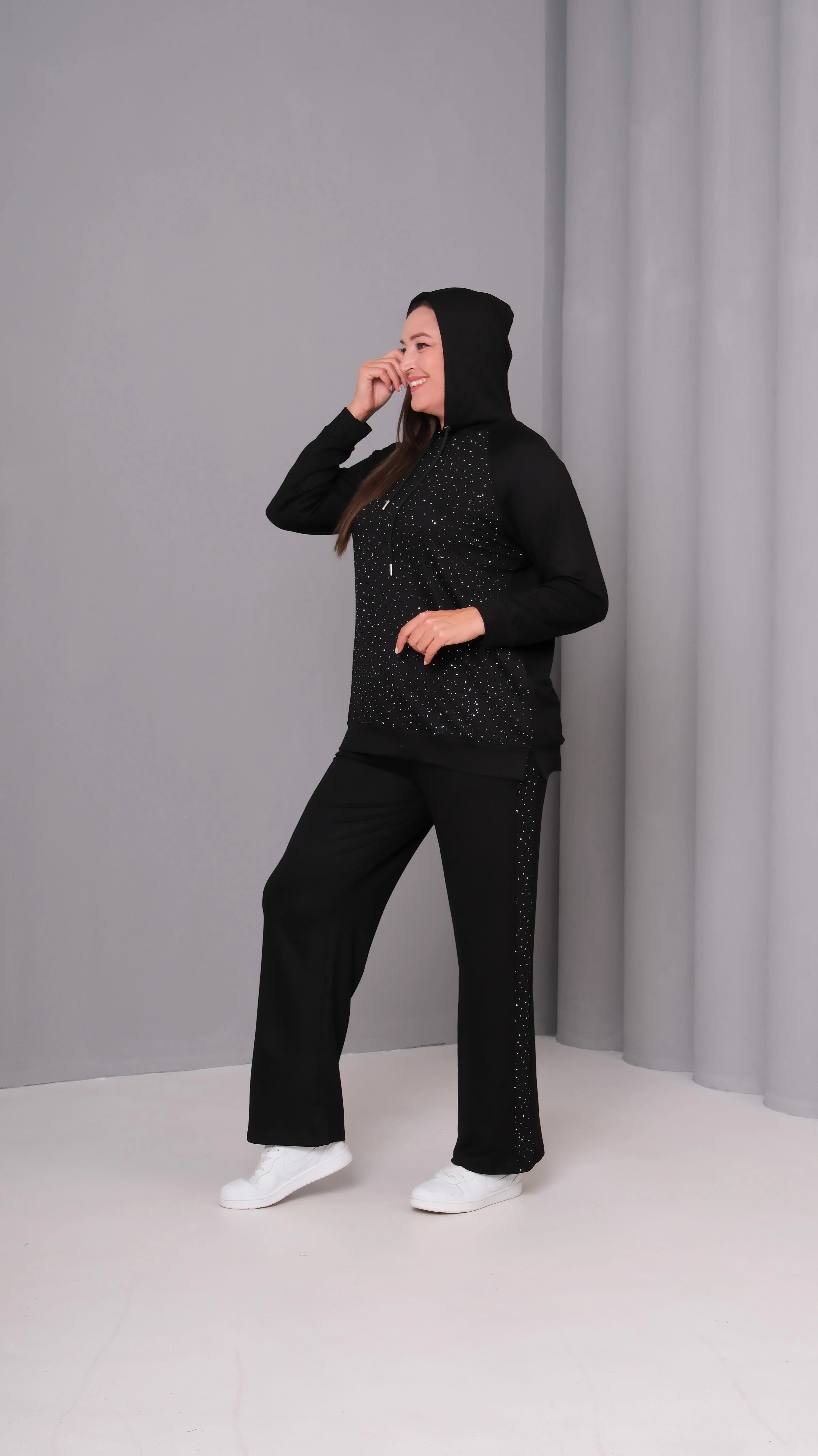 Kadın Büyük Beden Sho Kumaş Taş Detay Kapüşonlu Eşofman Takımı