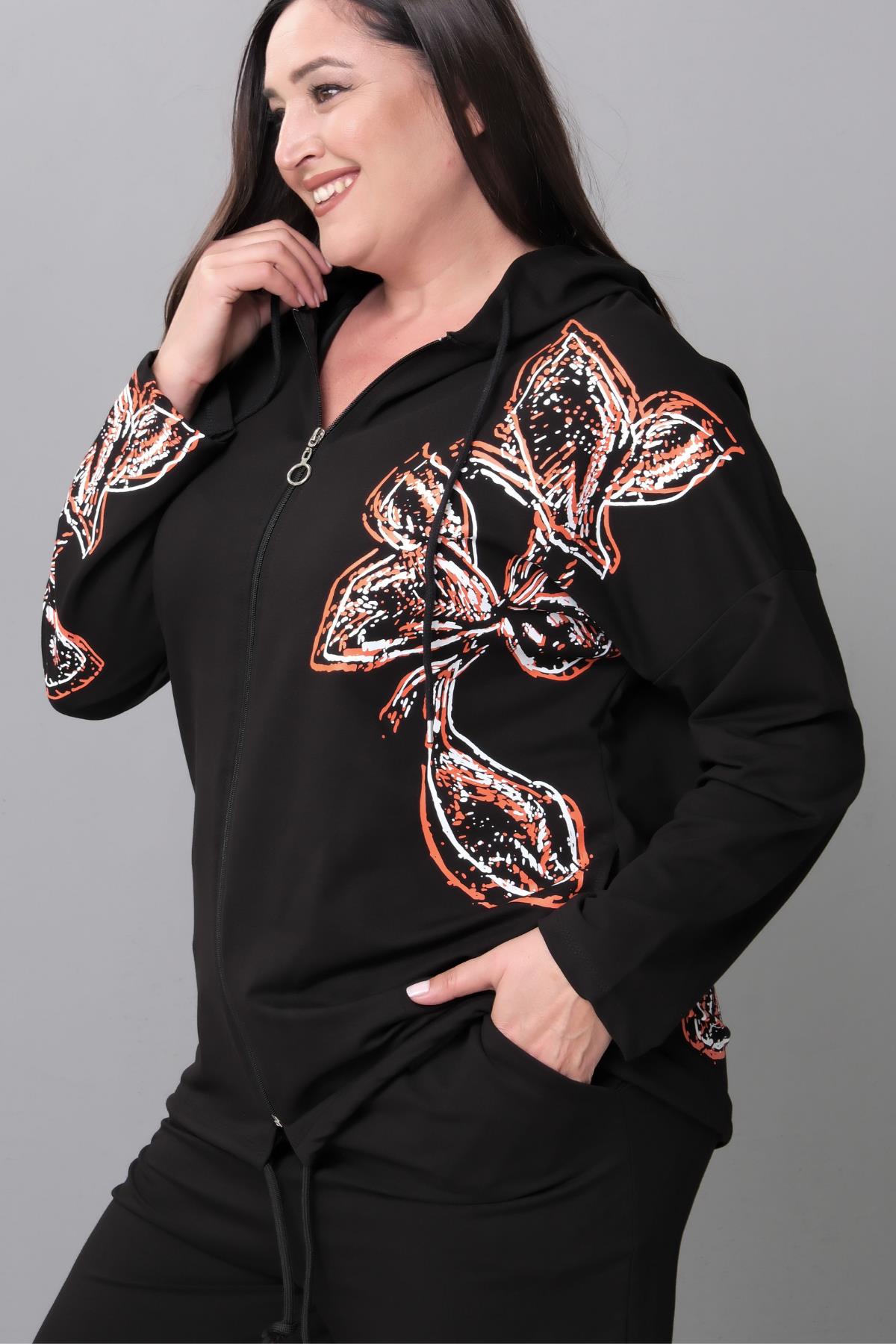 Kadın Büyük Beden Baskılı Fermuarlı Siyah Eşofman Takımı - Siyah