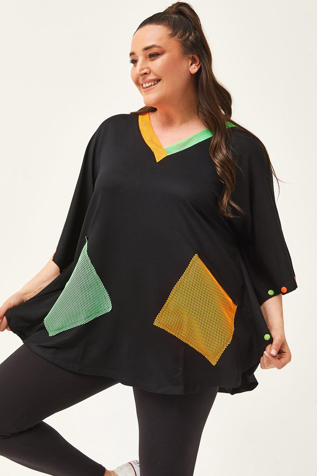 Kadın Büyük Beden Ekstra Rahat Kalıp Renkli File Cep Detay Bluz