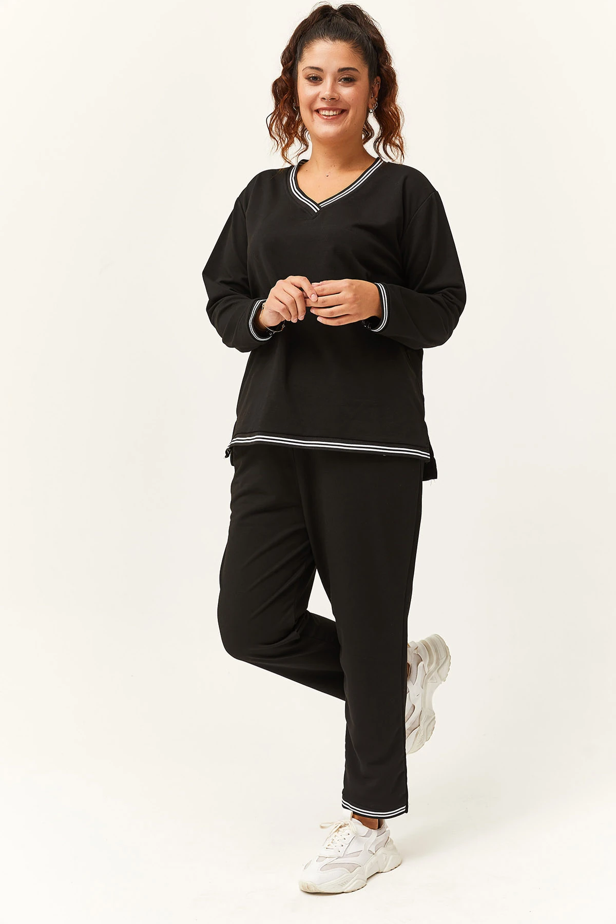 Kadın Büyük Beden Çizgili Eşofman Takımı - Siyah