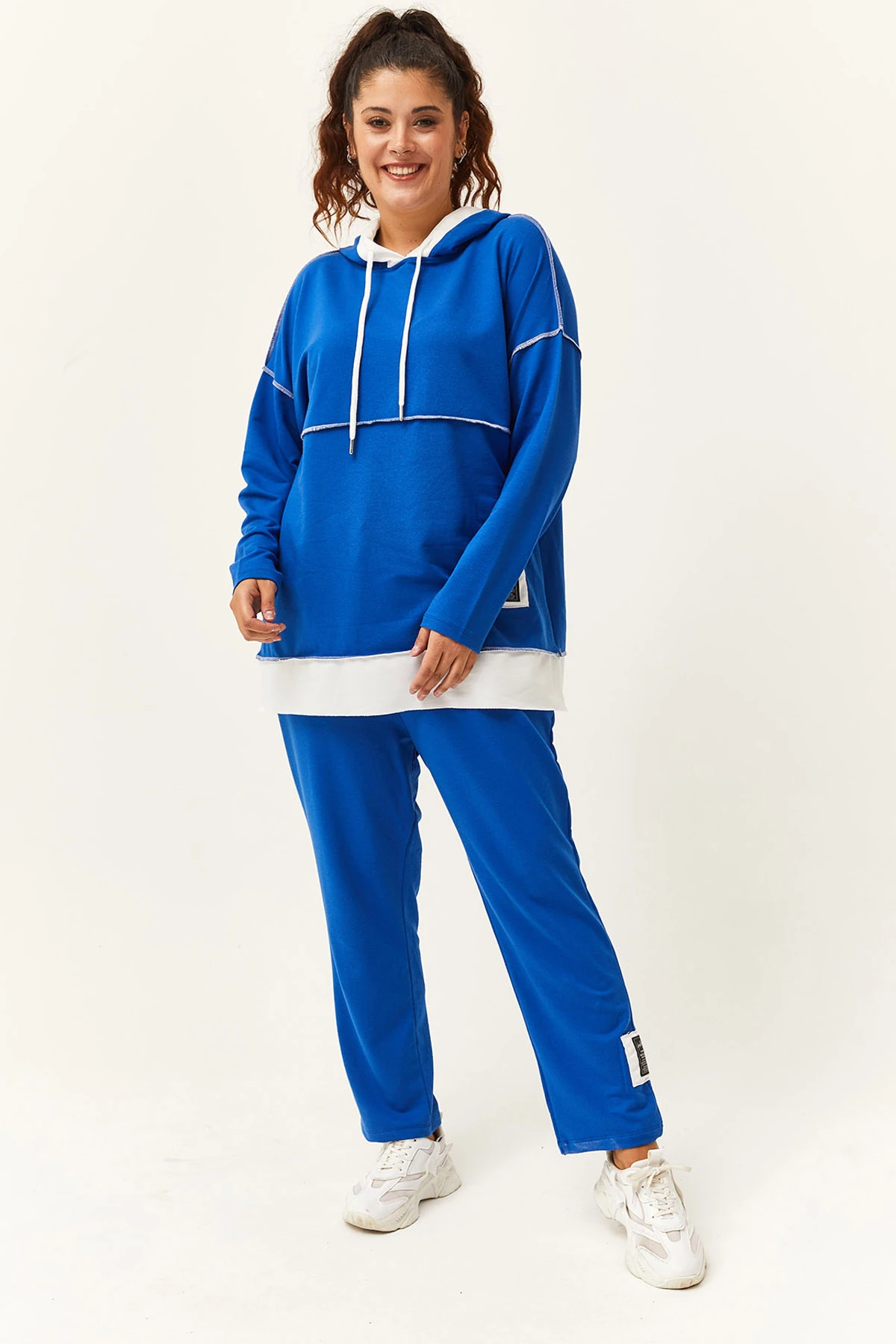 Kadın Büyük Beden Şerit Garni Detaylı Eşofman Takımı - Mavi