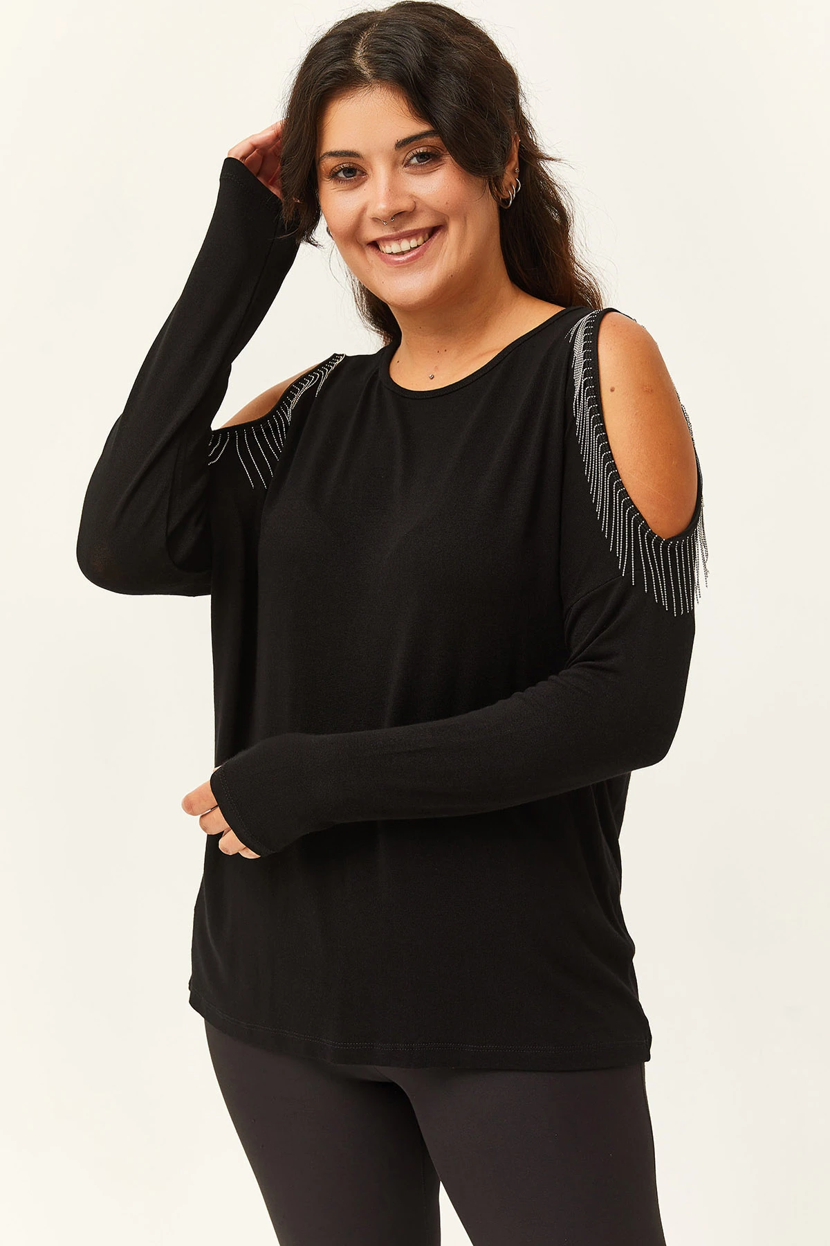 Kadın Büyük Beden Omuz Dekolte Ve Püskül Detaylı Bluz