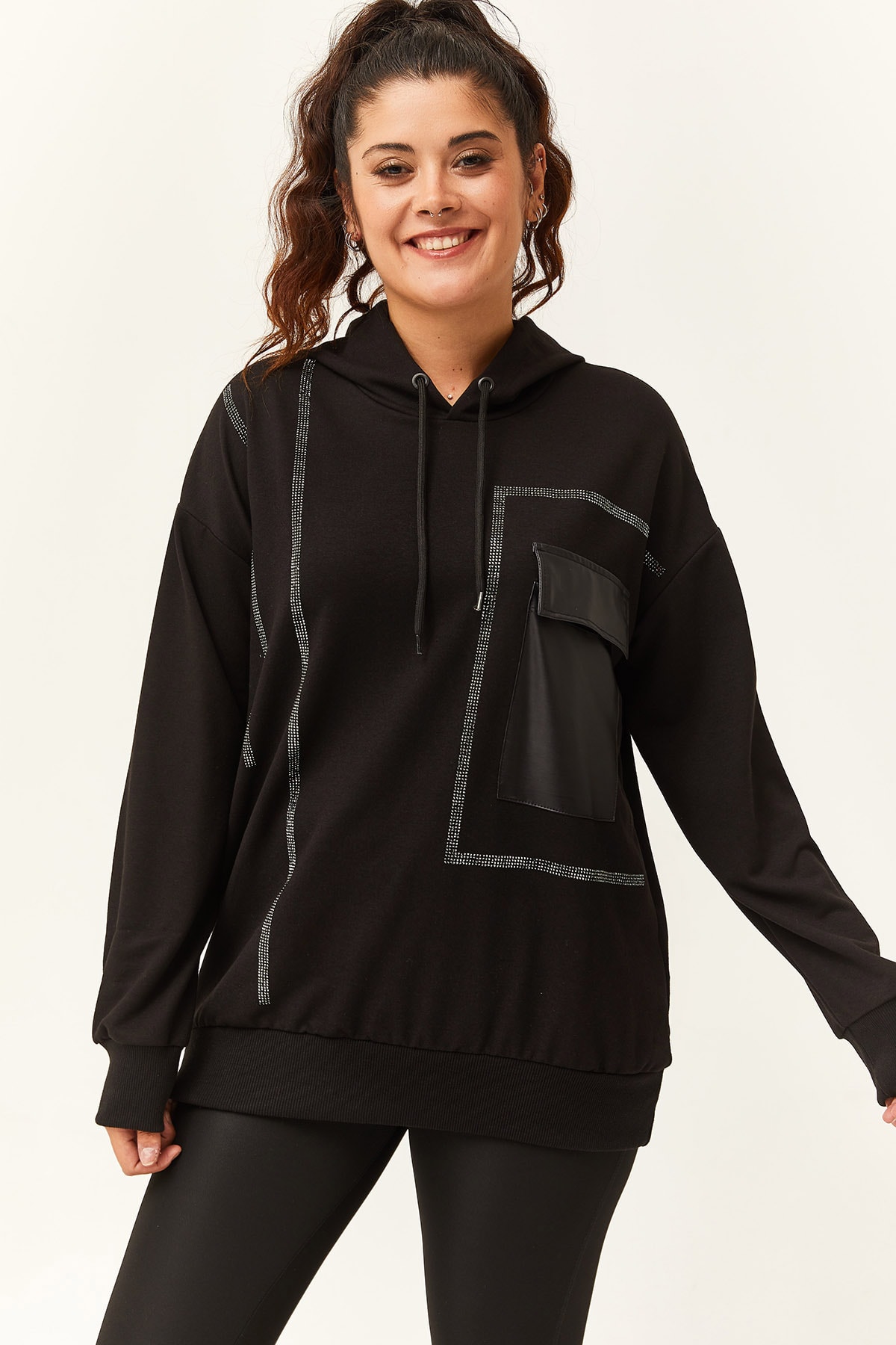 Kadın Büyük Beden Deri Cep Detaylı Taş İşlemeli Sweatshirt - Siyah