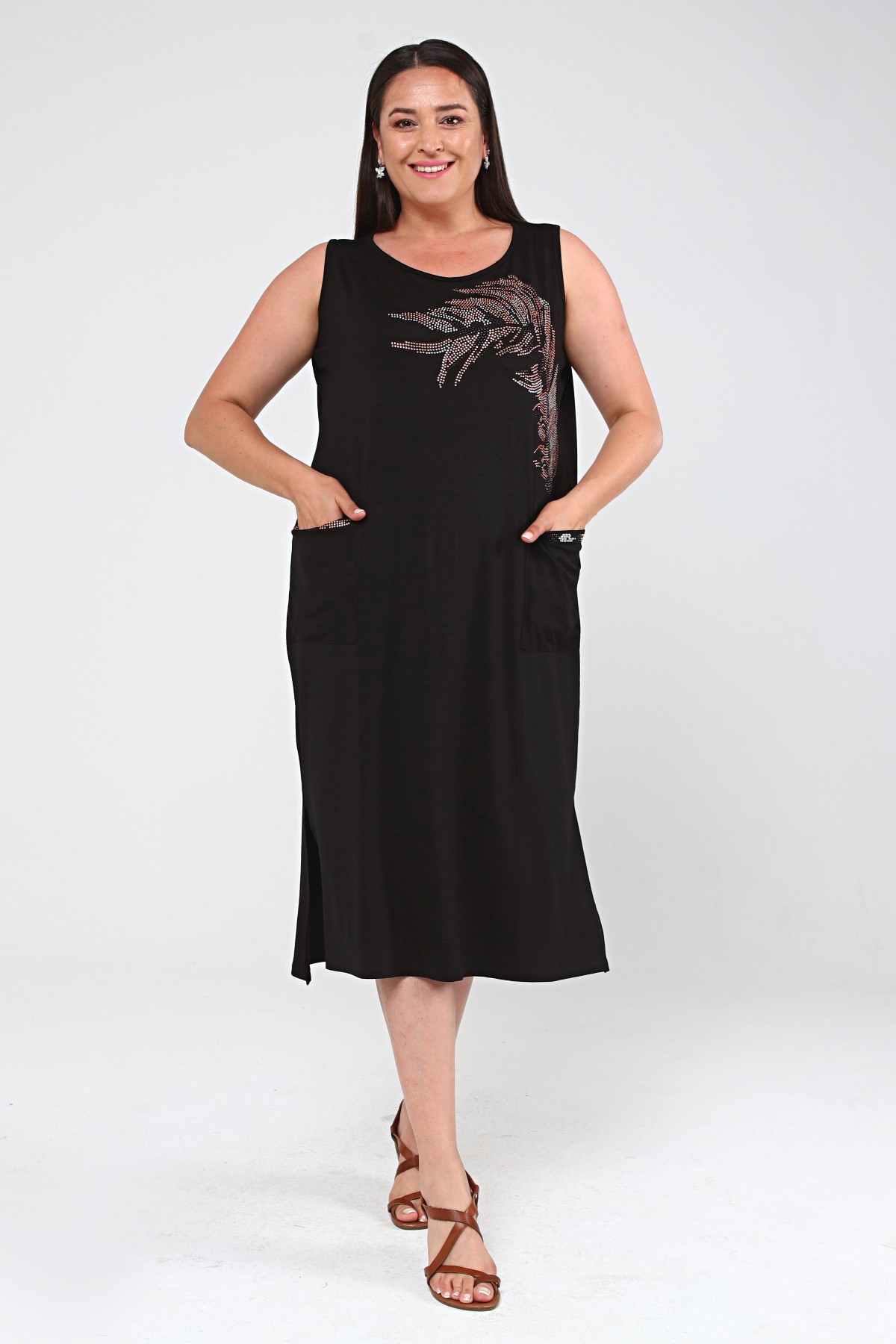 Kadın Büyük Beden Taş Yaprak Desenli Kolsuz Elbise - Siyah-Kahve