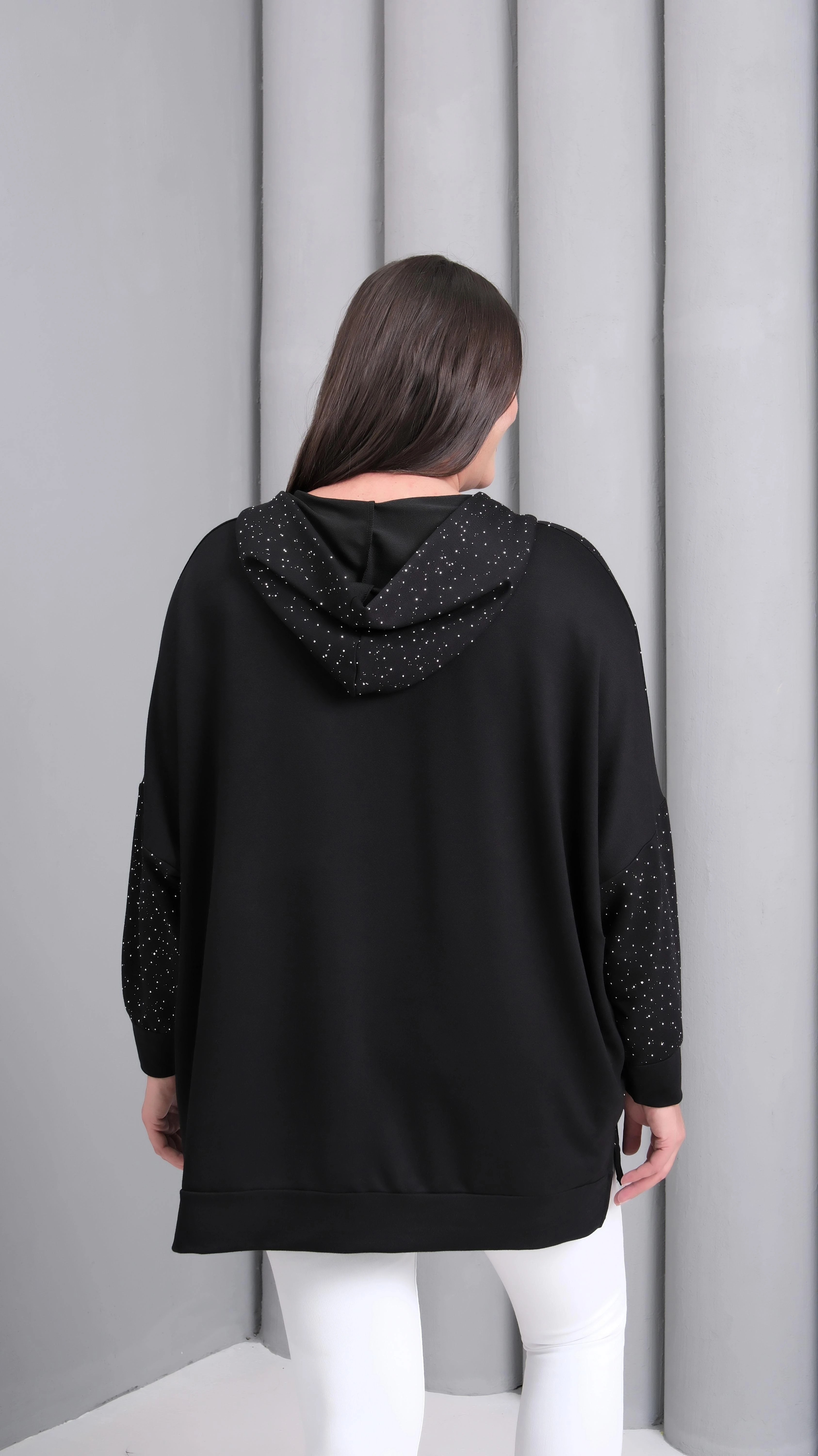 Kadın Büyük Beden Taş Baskılı Fermuarlı Siyah Sweatshitt