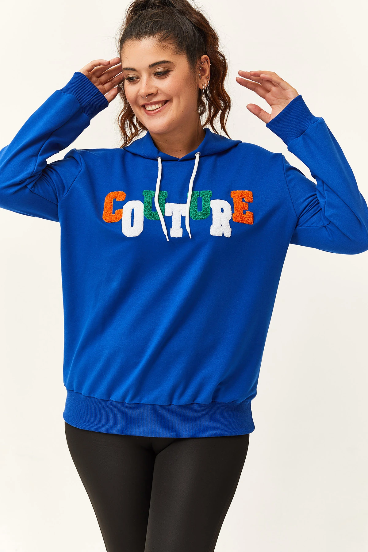 Kadın Büyük Beden Couture Yazılı Sweatshirt - Mavi