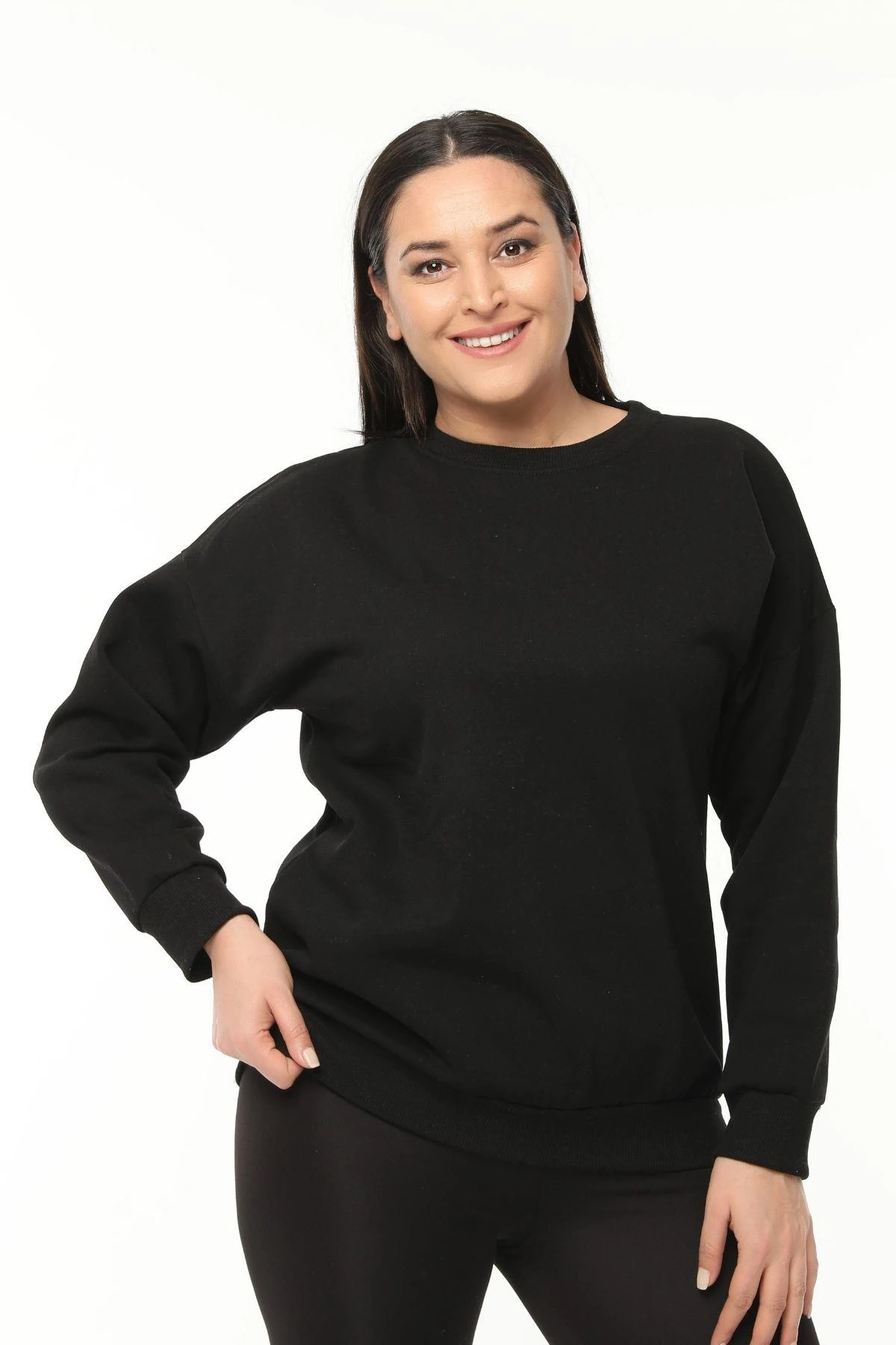 Kadın Büyük Beden Basıc Şardonlu Sweatshirt - Siyah
