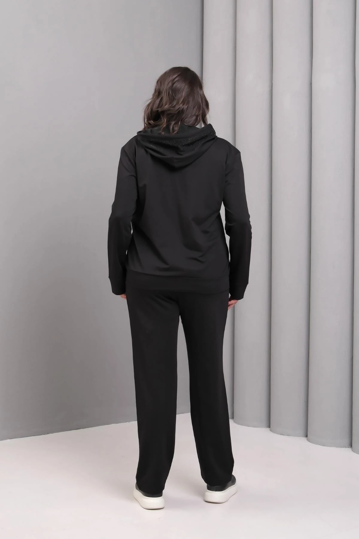 Kadın Büyük Beden Taş Baskılı Kapüşonlu Siyah Eşofman Takımı - Siyah