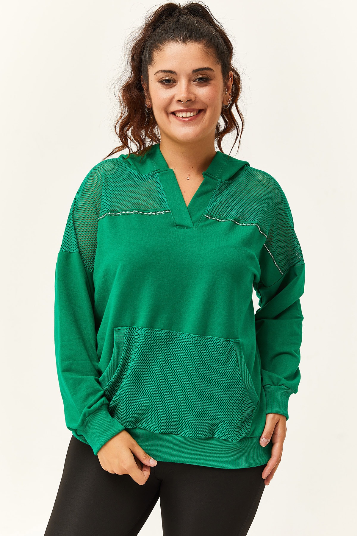 Kadın Büyük Beden File Detaylı Kapüşonlu Sweatshirt - Yeşil