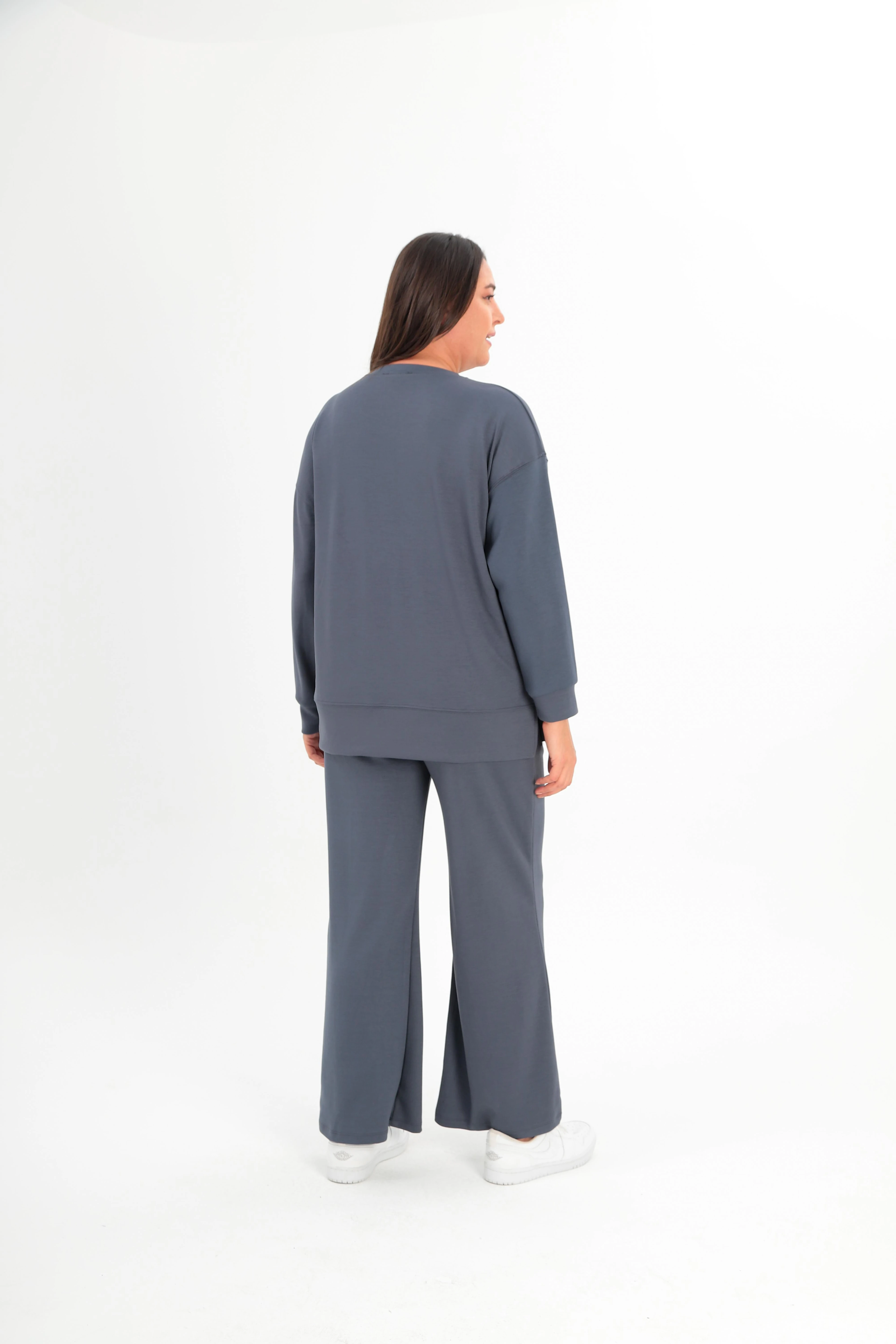 Kadın Büyük Beden Premium Sho Kumaş İspanyol Paça Şık Eşofman Takımı - Füme