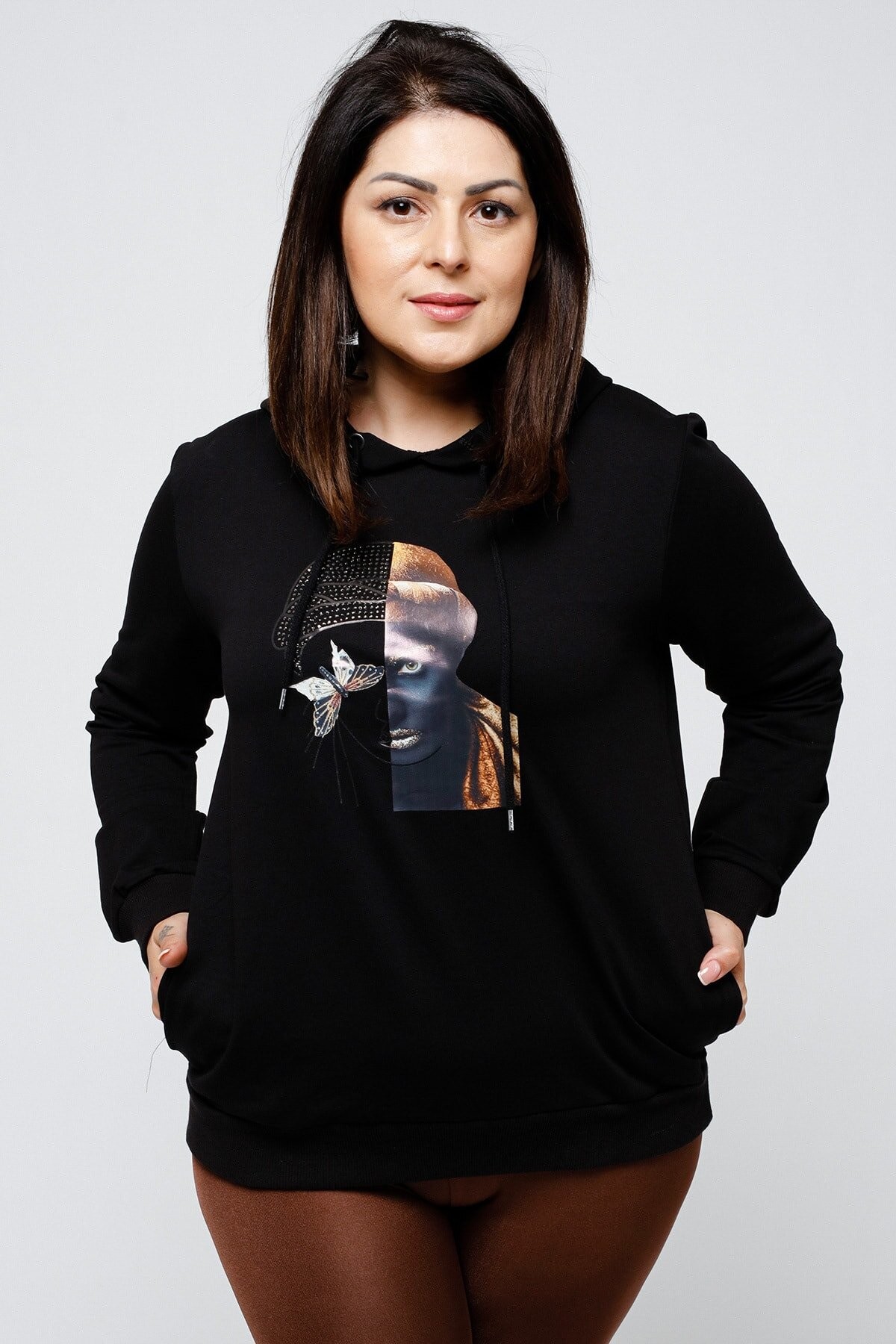 Kadın Büyük Beden Önü Taşlı Resim Baskılı Cepli Ve Kapüşonlu Sweatshirt