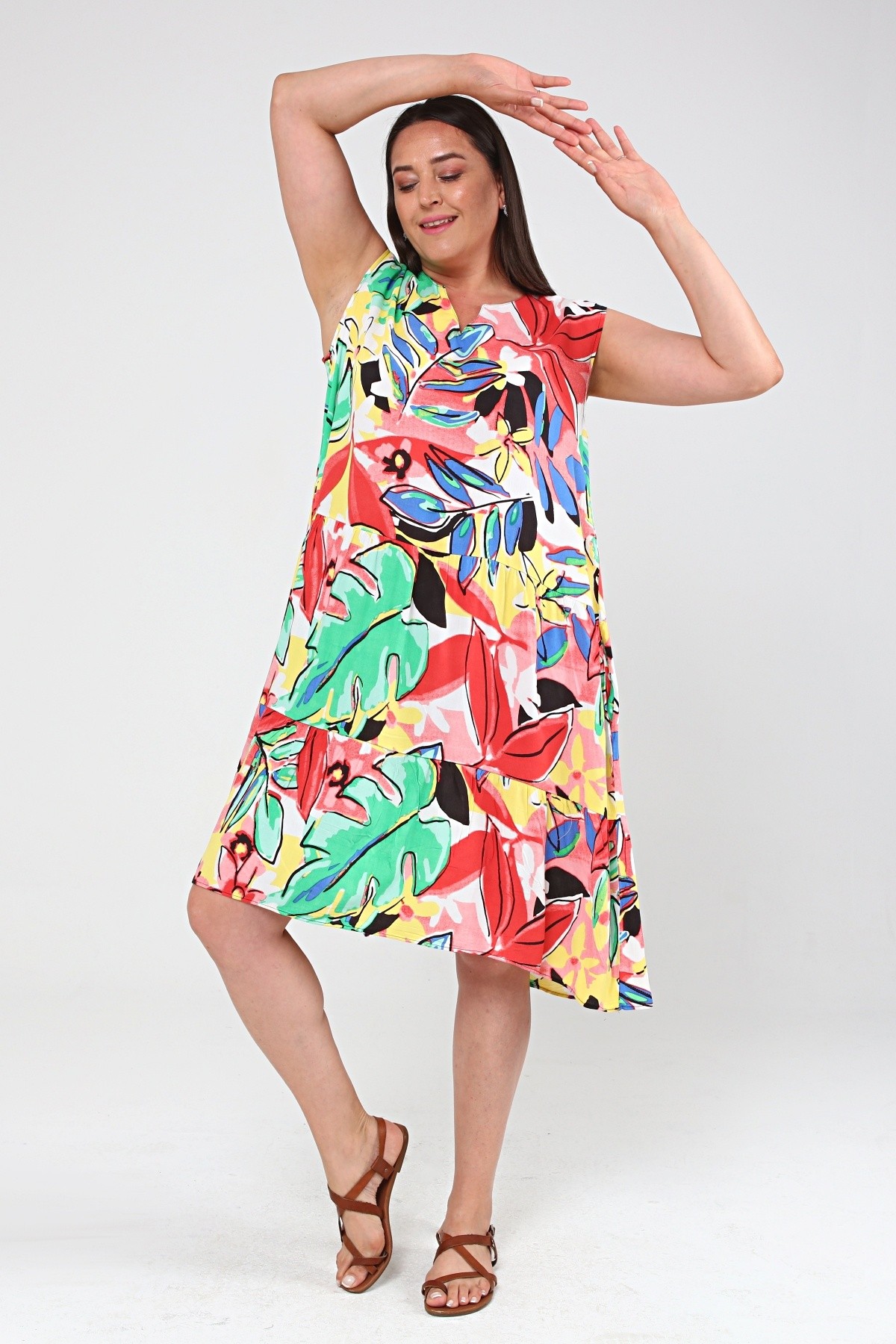 Kadın Büyük Beden Renkli Yaprak Desenli Elbise