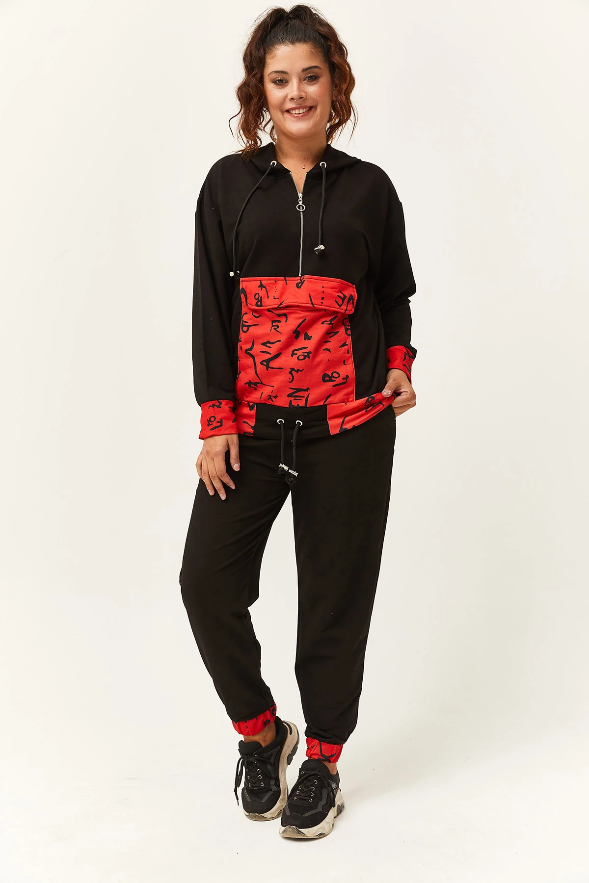 Kadın Büyük Beden Kırmızı Kanguru Cep Detaylı Eşofman Takımı