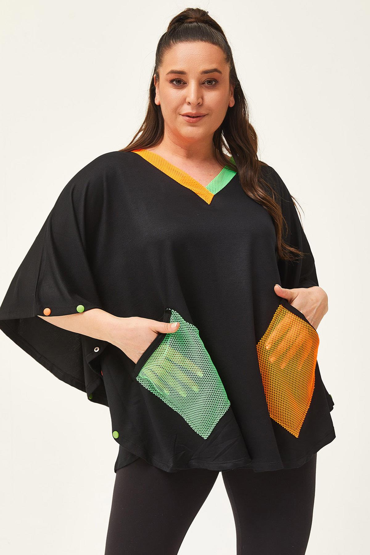 Kadın Büyük Beden Ekstra Rahat Kalıp Renkli File Cep Detay Bluz