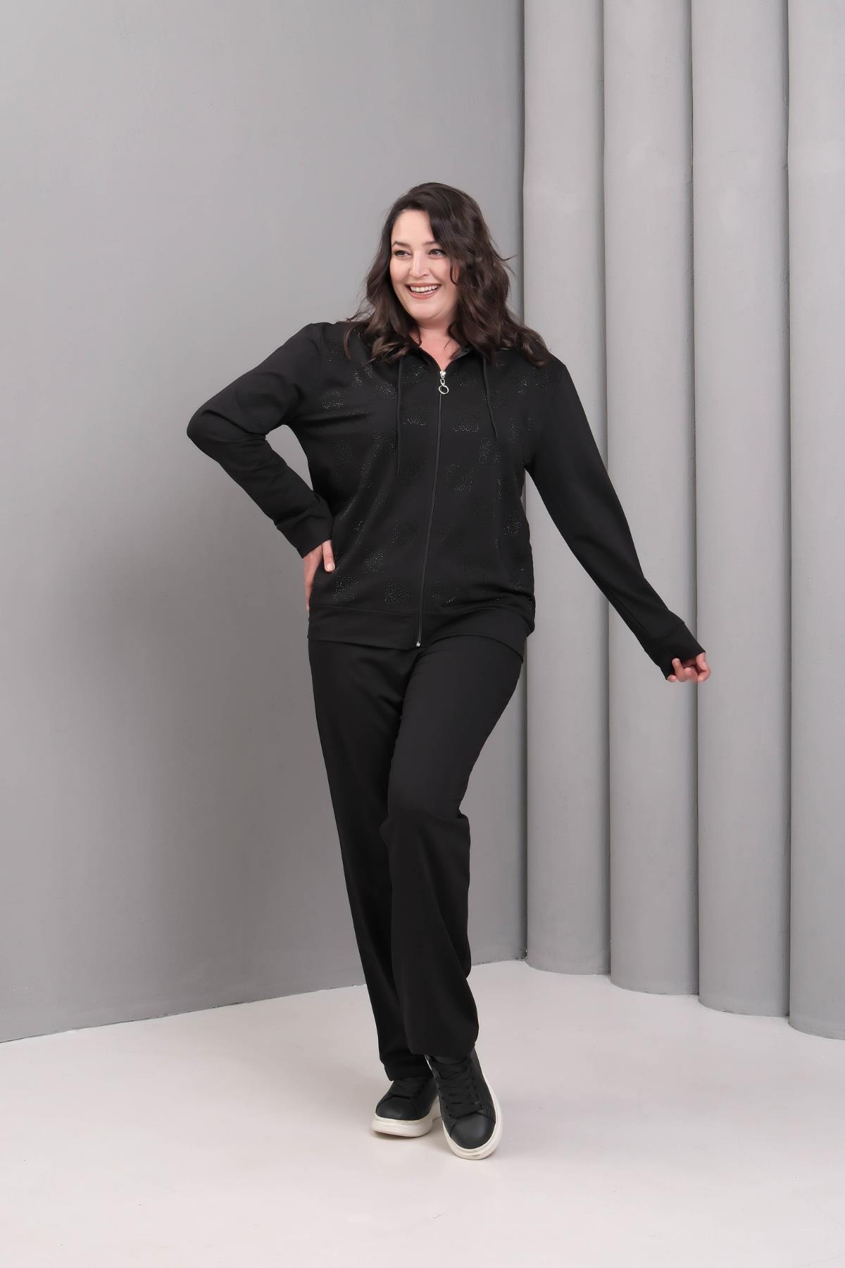 Kadın Büyük Beden Taş Baskılı Kapüşonlu Siyah Eşofman Takımı