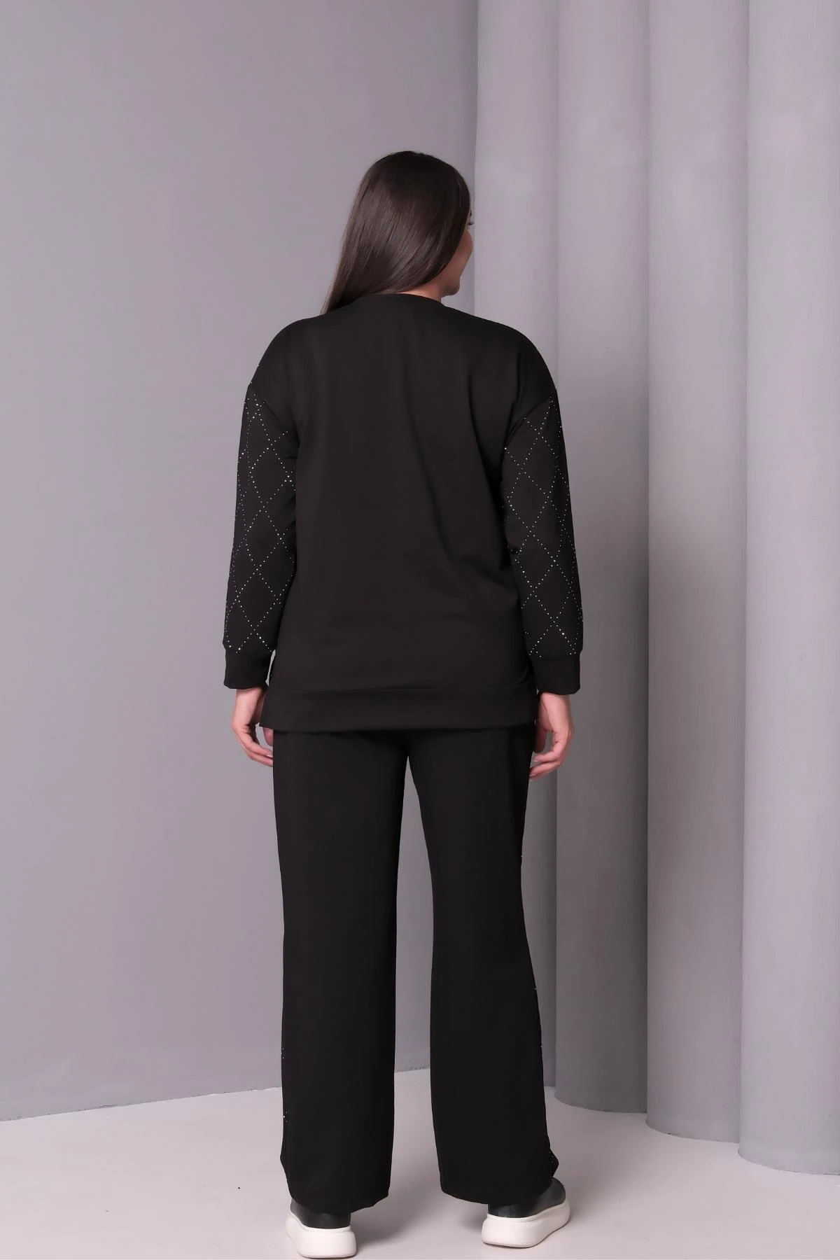 Kadın Büyük Beden Baklava Desen Taş Baskı Eşofman Takımı - Siyah