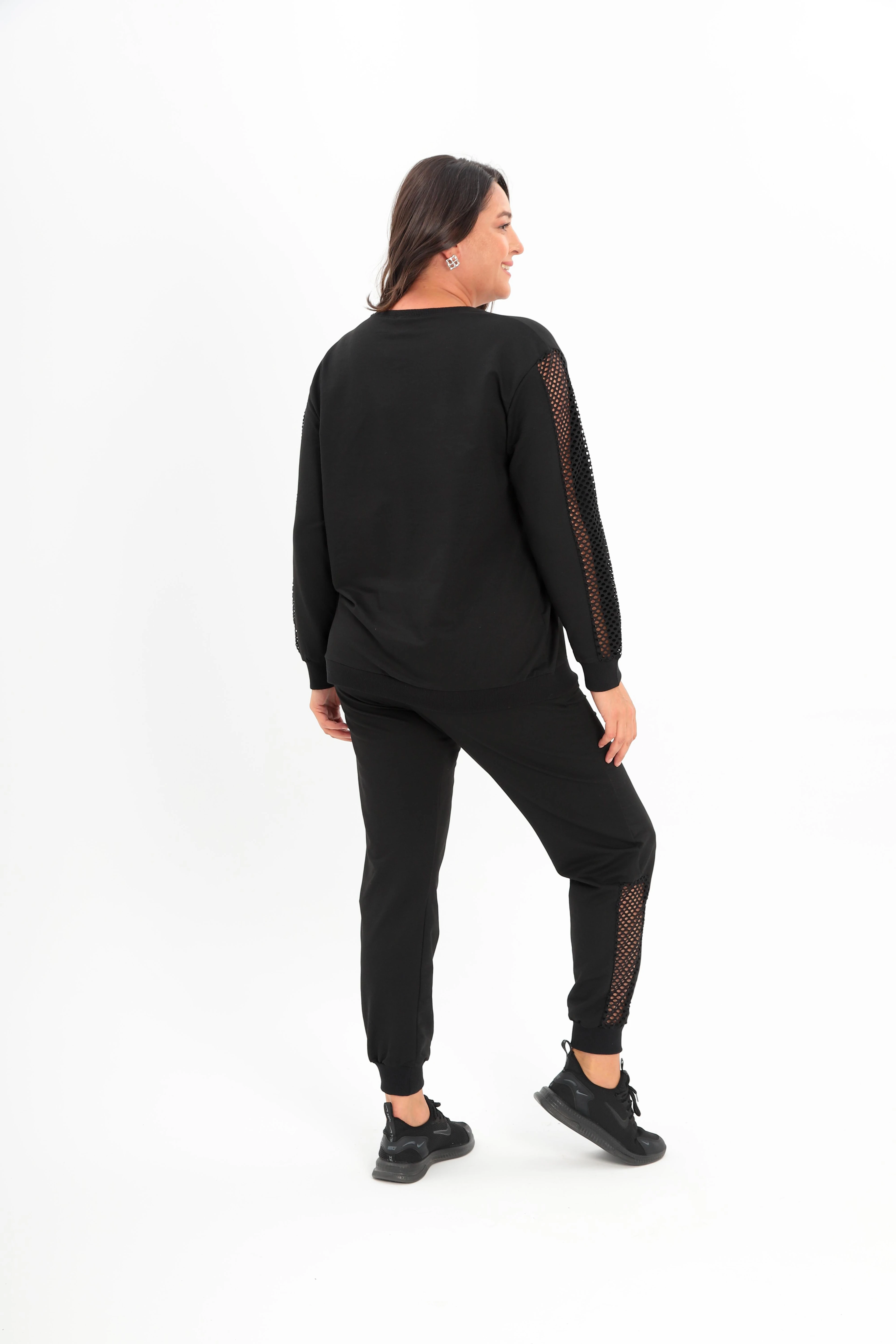 Kadın Büyük Beden Kolları Transparan Bisiklet Yaka Siyah Eşofman Takımı