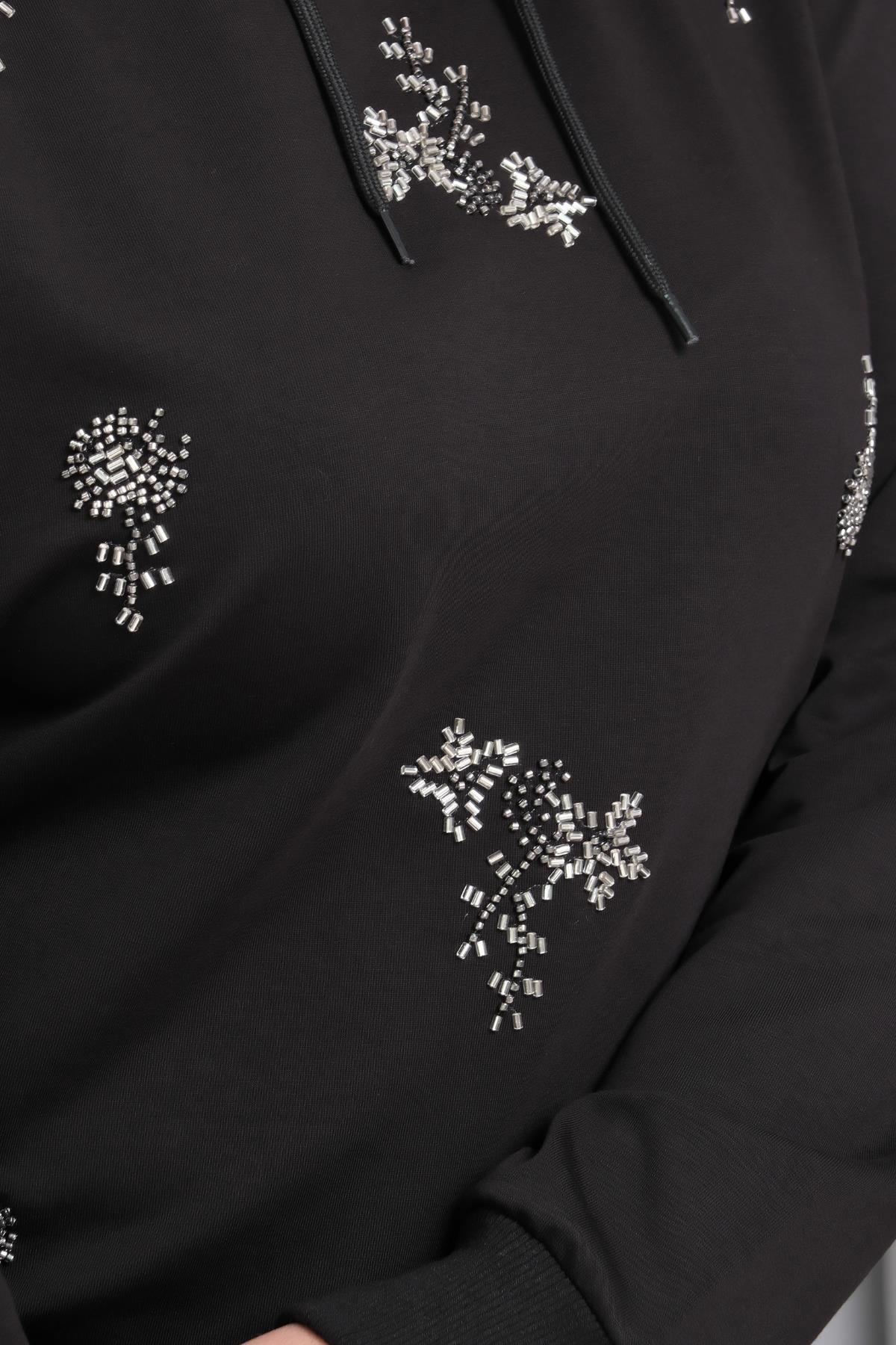 Kadın Büyük Beden Boncuk İşlemeli Siyah Eşofman Takımı - Siyah