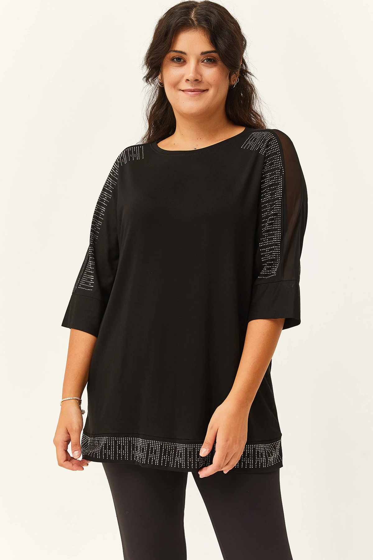 Kadın Büyük Beden Transparan Kol Taş Basklı Siyah Bluz - Siyah
