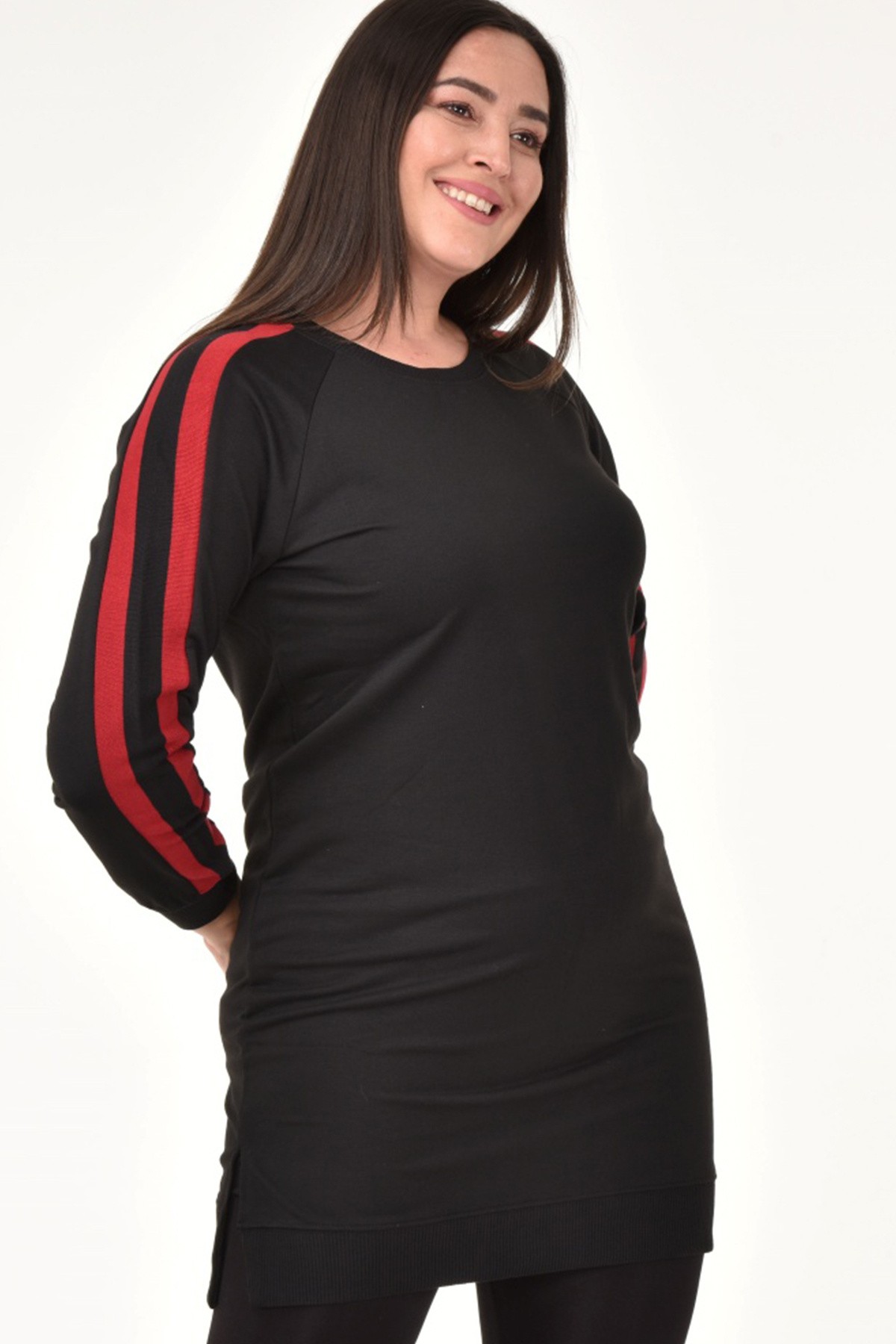 Kadın Şeritli Uzun Sweatshirt - Siyah