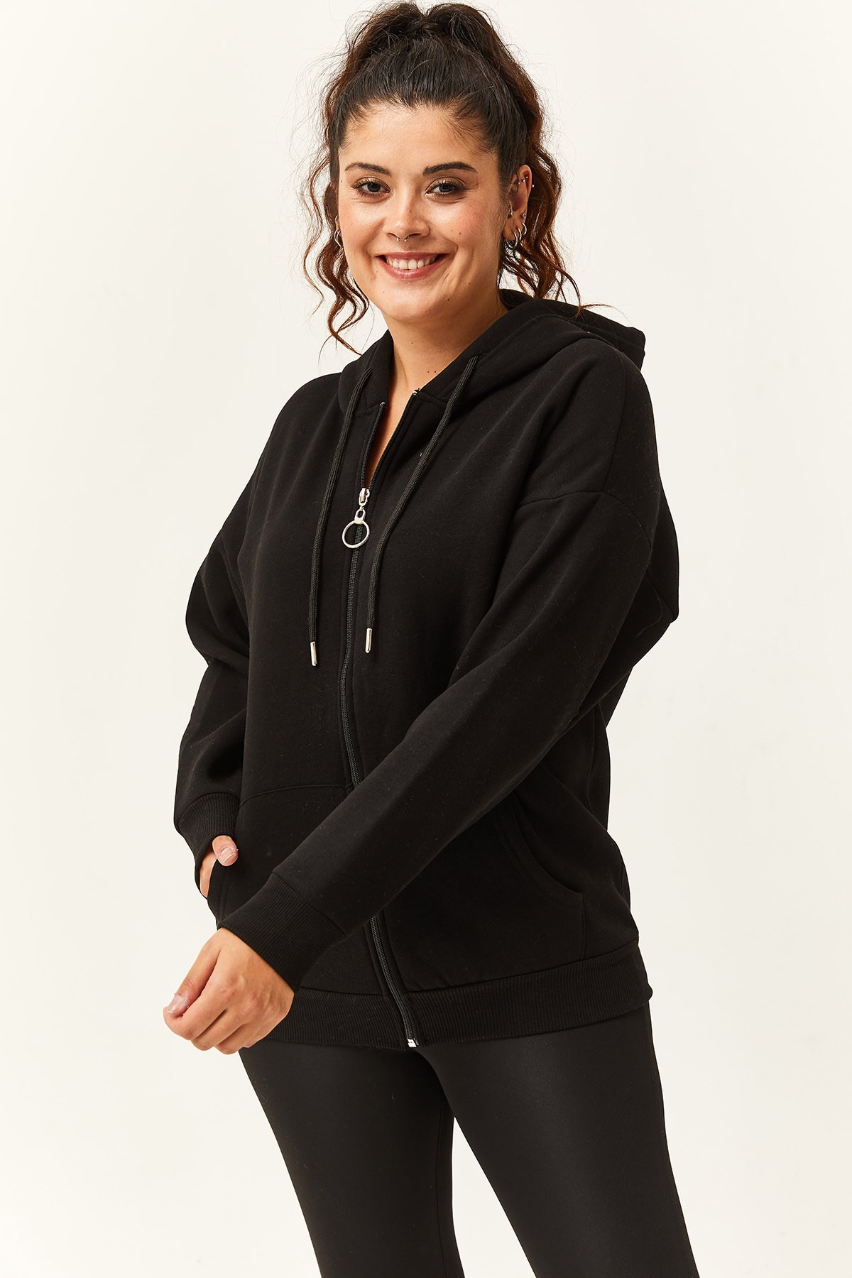 Kadın Büyük Beden Şardonlu Fermuarlı Kalın Sweatshirt - Siyah