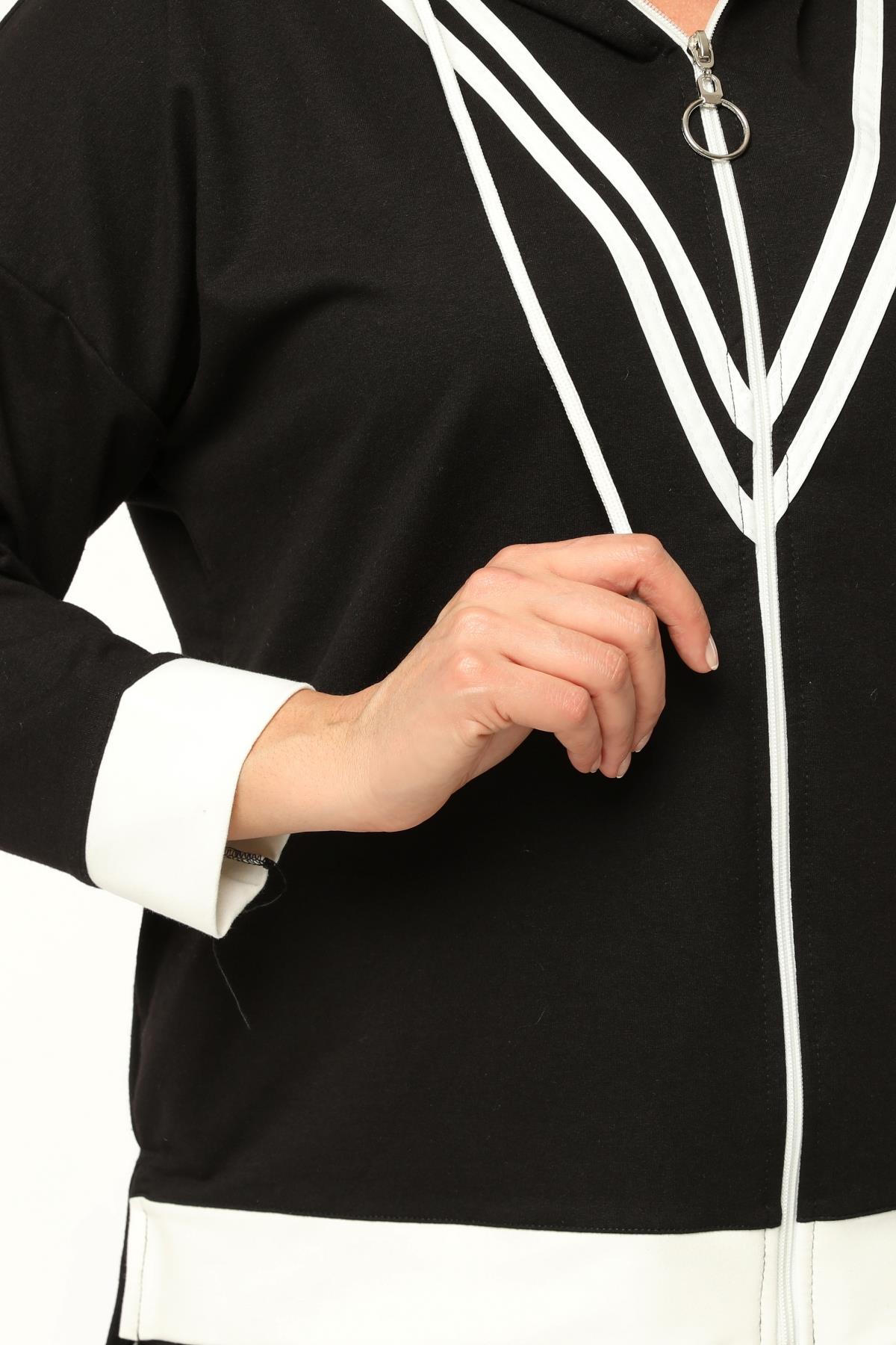 Kadın Büyük Beden Çift Çizgili Ve Garni Detaylı Kapüşonlu Eşofman Takımı - Siyah