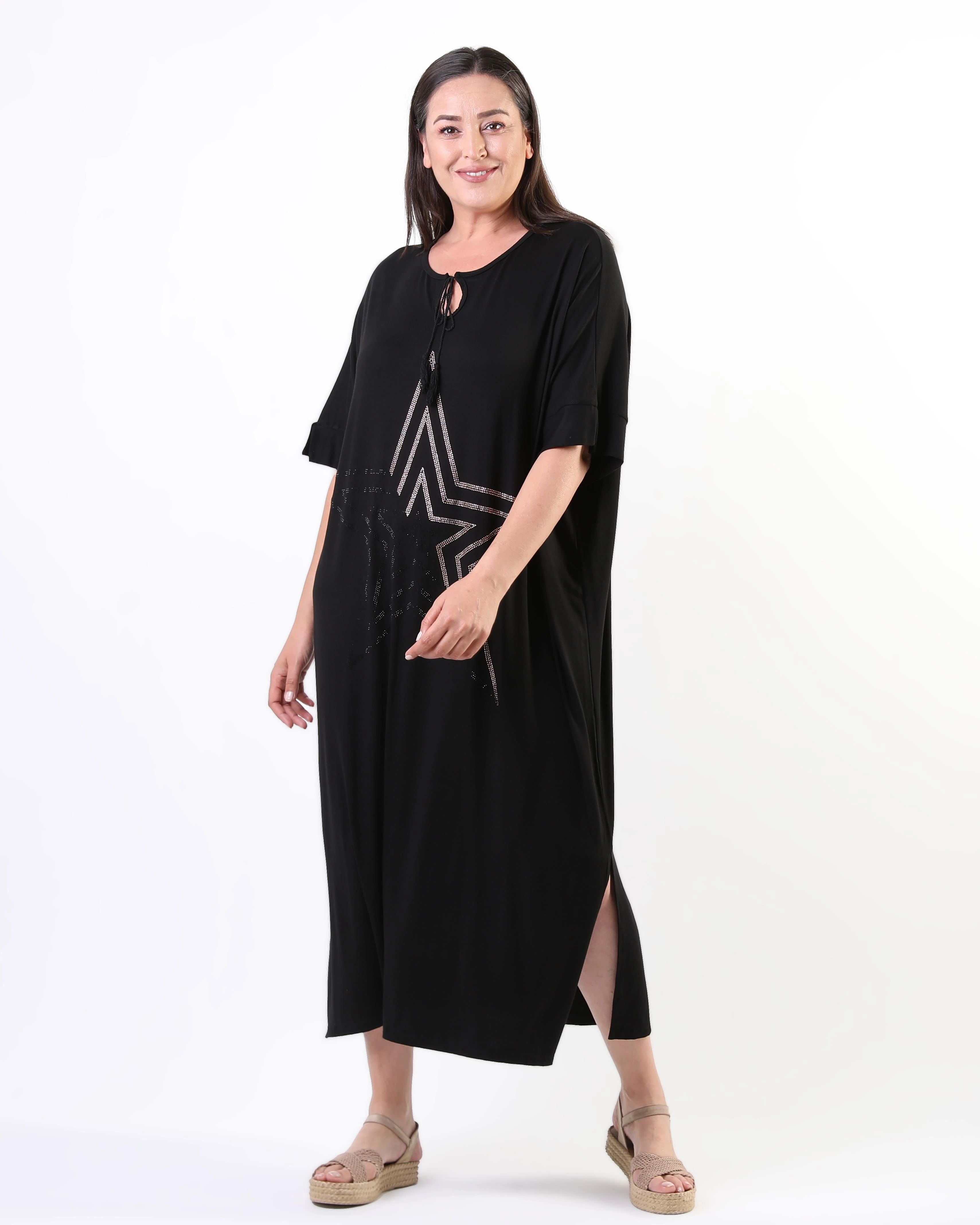 Kadın Büyük Beden Ekstra Rahat Kalıp Yıldız Baskılı Elbise