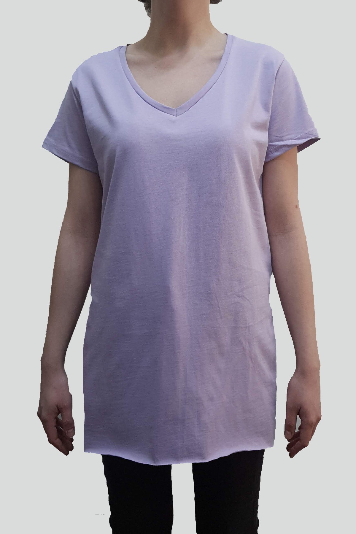 Kadın V Yaka Uzun Pamuklu T-Shirt - Lila
