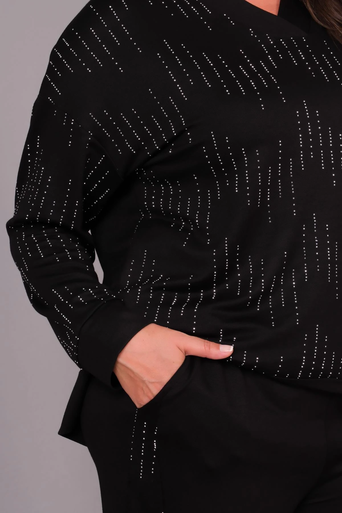 Kadın Büyük Beden İspanyol Paça Taş Baskılı Siyah Eşofman Takımı - Siyah