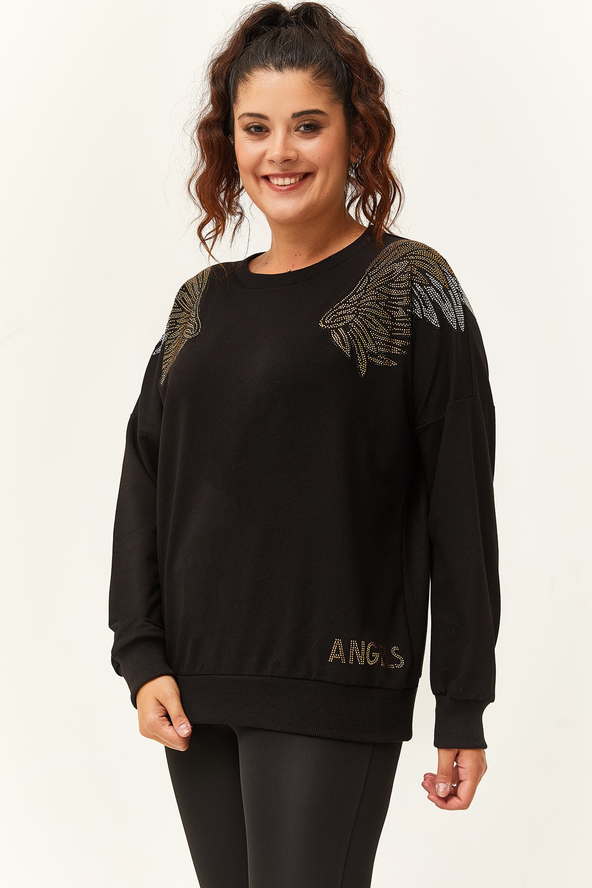 Kadın Büyük Beden Angels Taş Baskılı Sweatshirt - Siyah