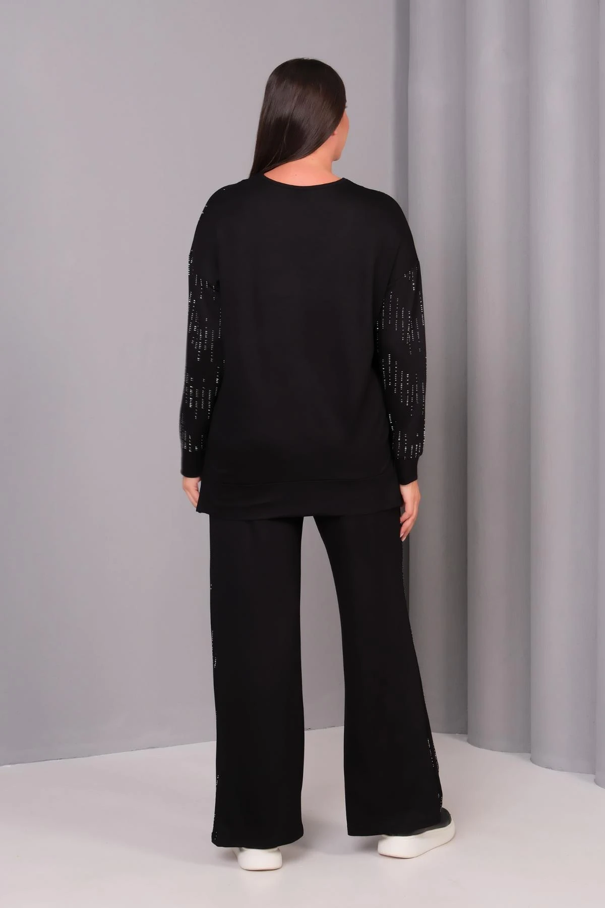 Kadın Büyük Beden İspanyol Paça Taş Baskılı Siyah Eşofman Takımı - Siyah