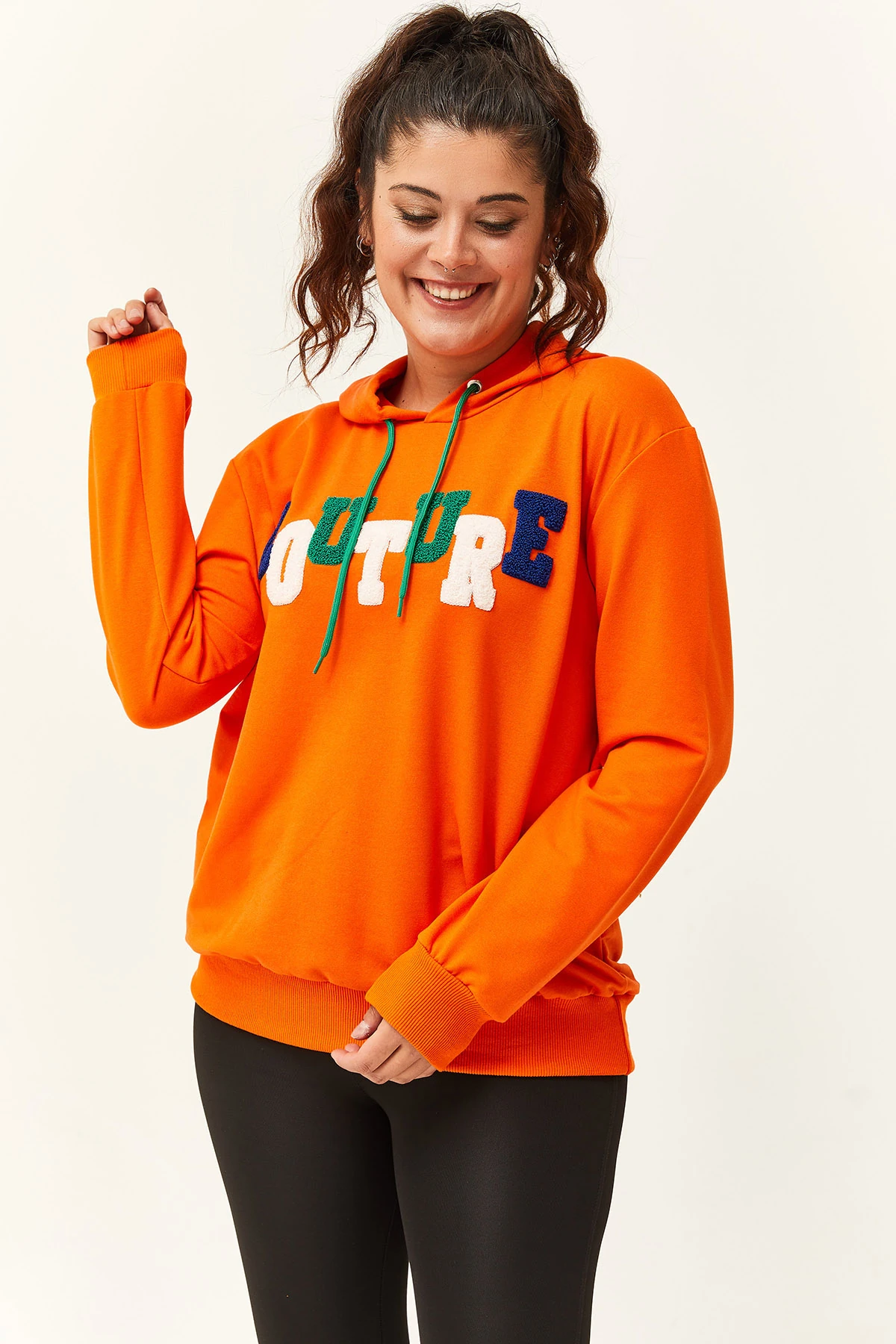 Kadın Büyük Beden Couture Yazılı Sweatshirt - Turuncu