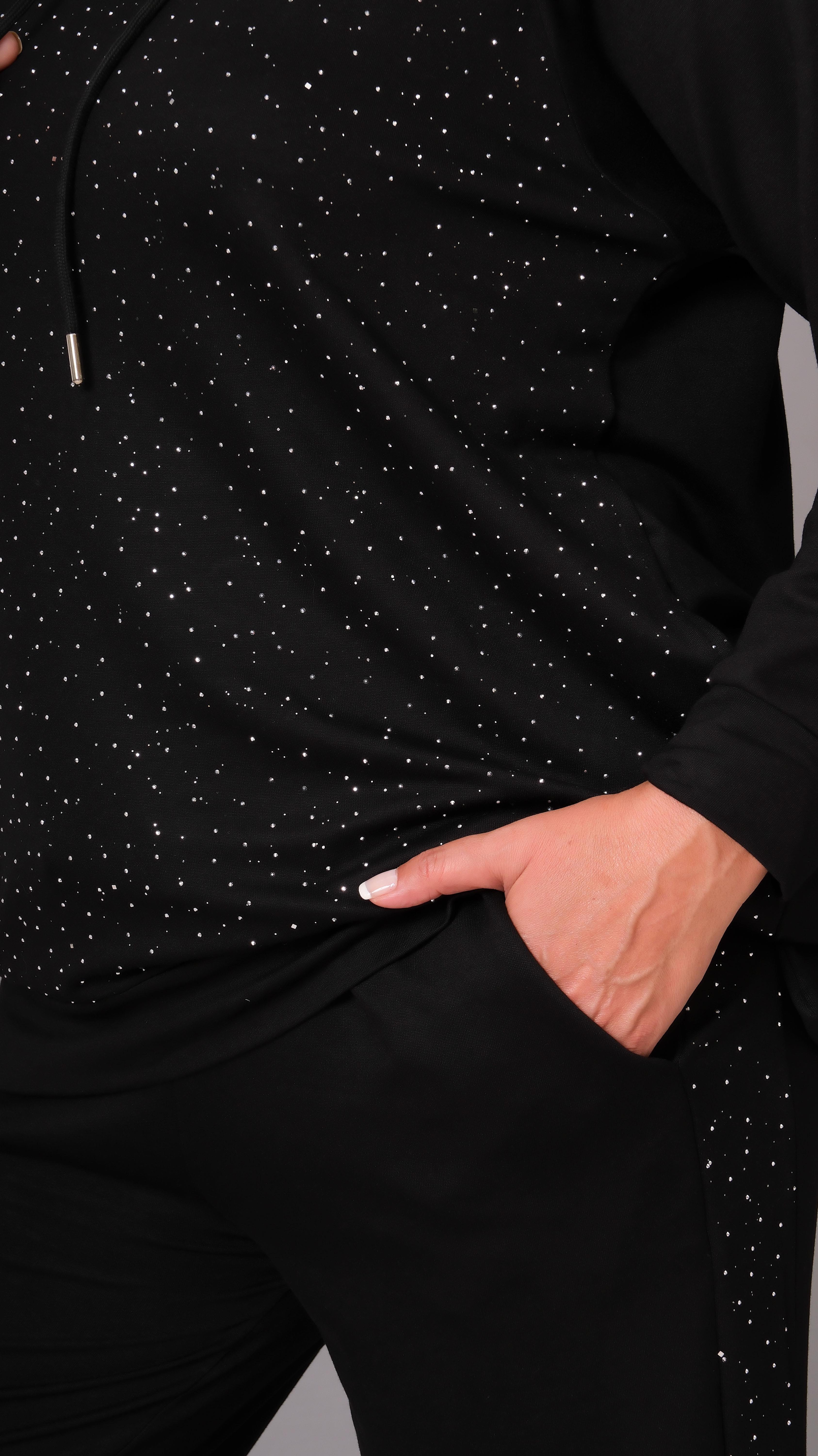 Kadın Büyük Beden Sho Kumaş Taş Detay Kapüşonlu Eşofman Takımı