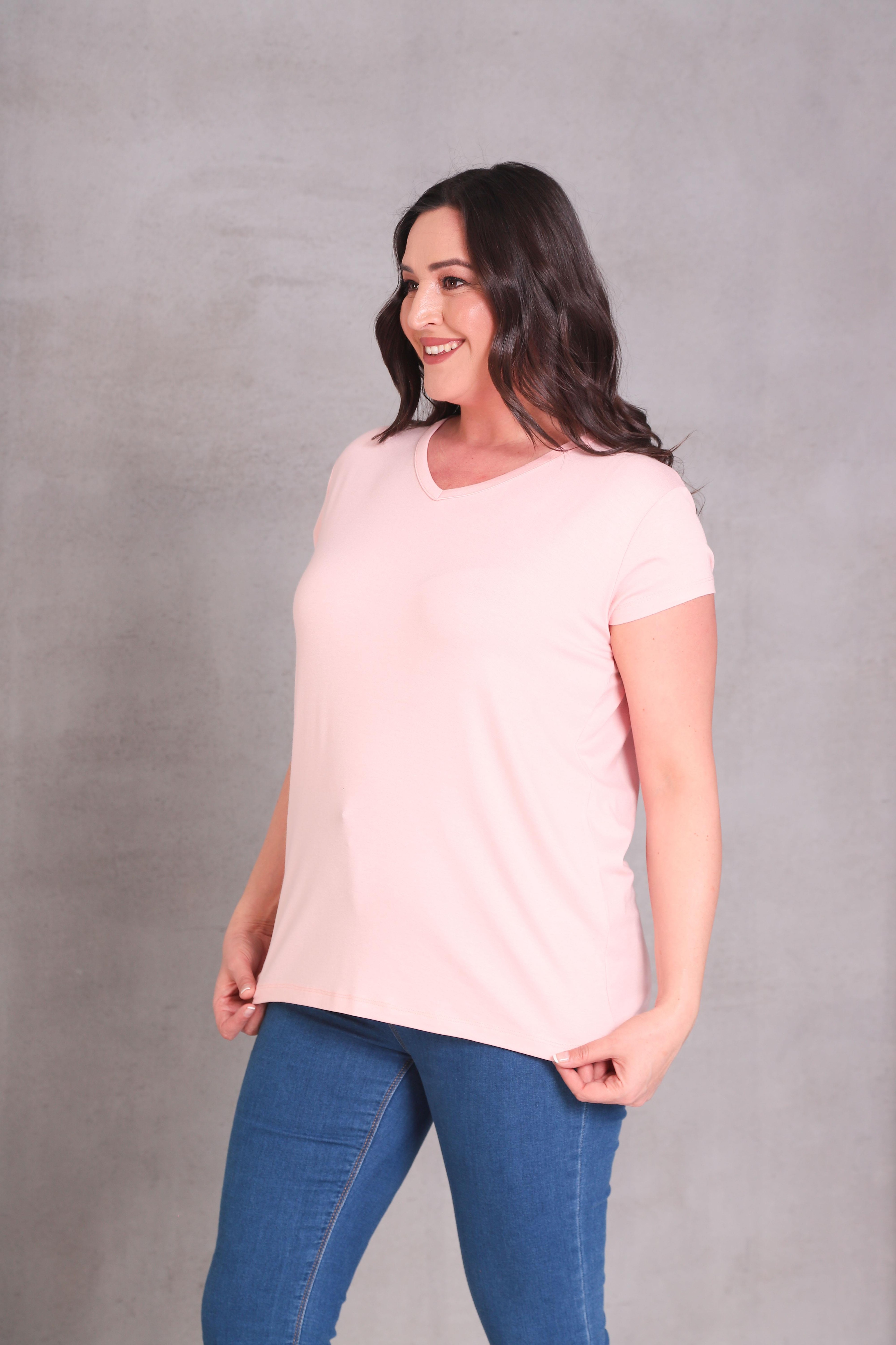 Kadın Büyük Beden V Yaka Basic Kısa Kollu T-Shirt - Pudra