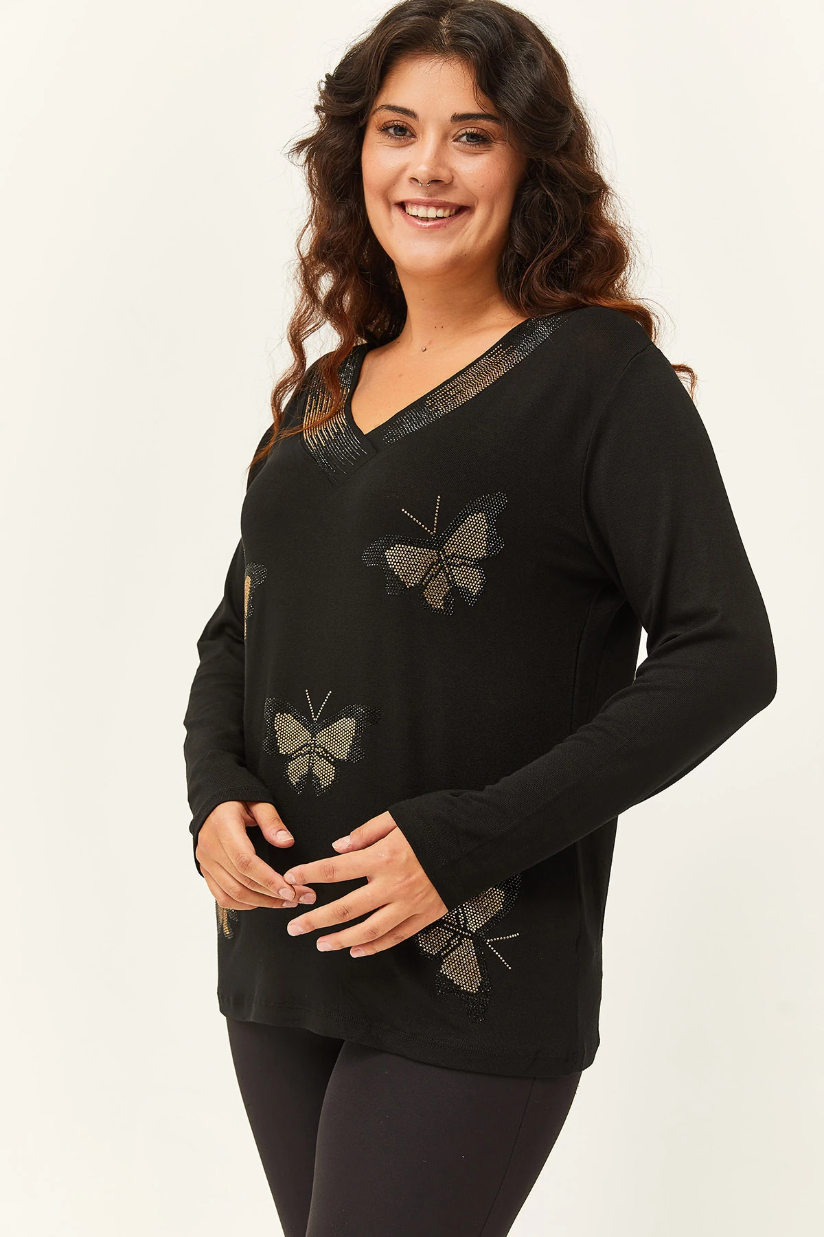 Kadın Büyük Beden Kelebek Gold Taş Baskılı Bluz - Siyah