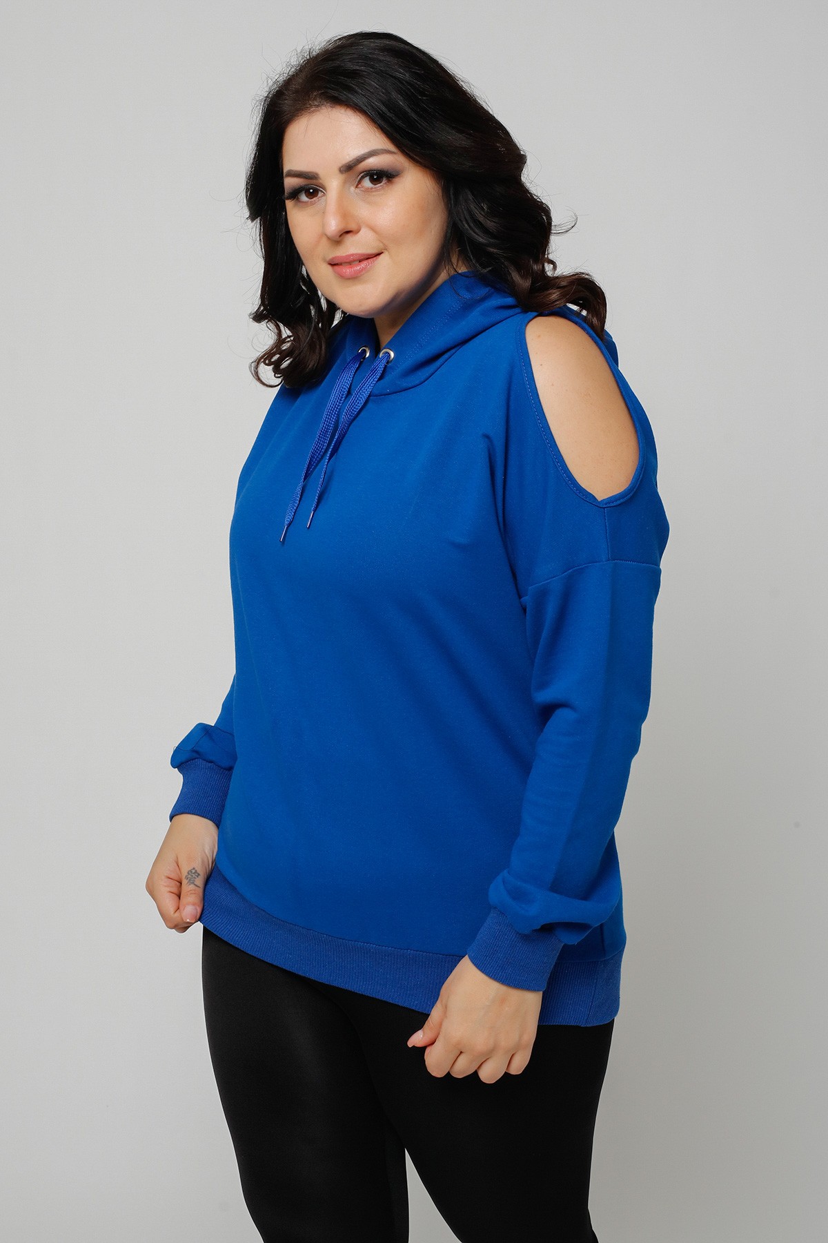 Kadın Büyük Beden Omuz Dekolteli Kapüşonlu Sweatshirt - Mavi