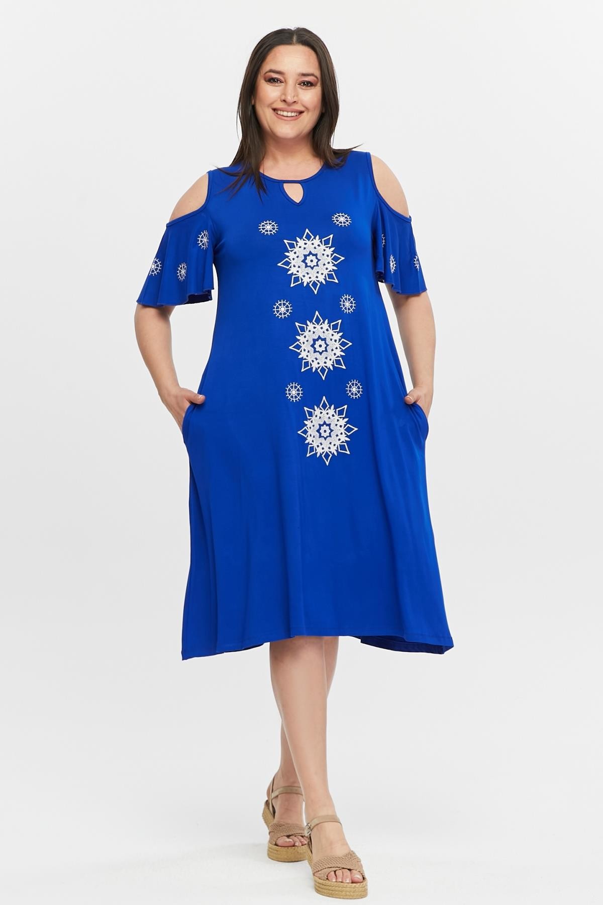 Kadın Büyük Beden Omuz Dekolteli Nakışlı Elbise - Mavi
