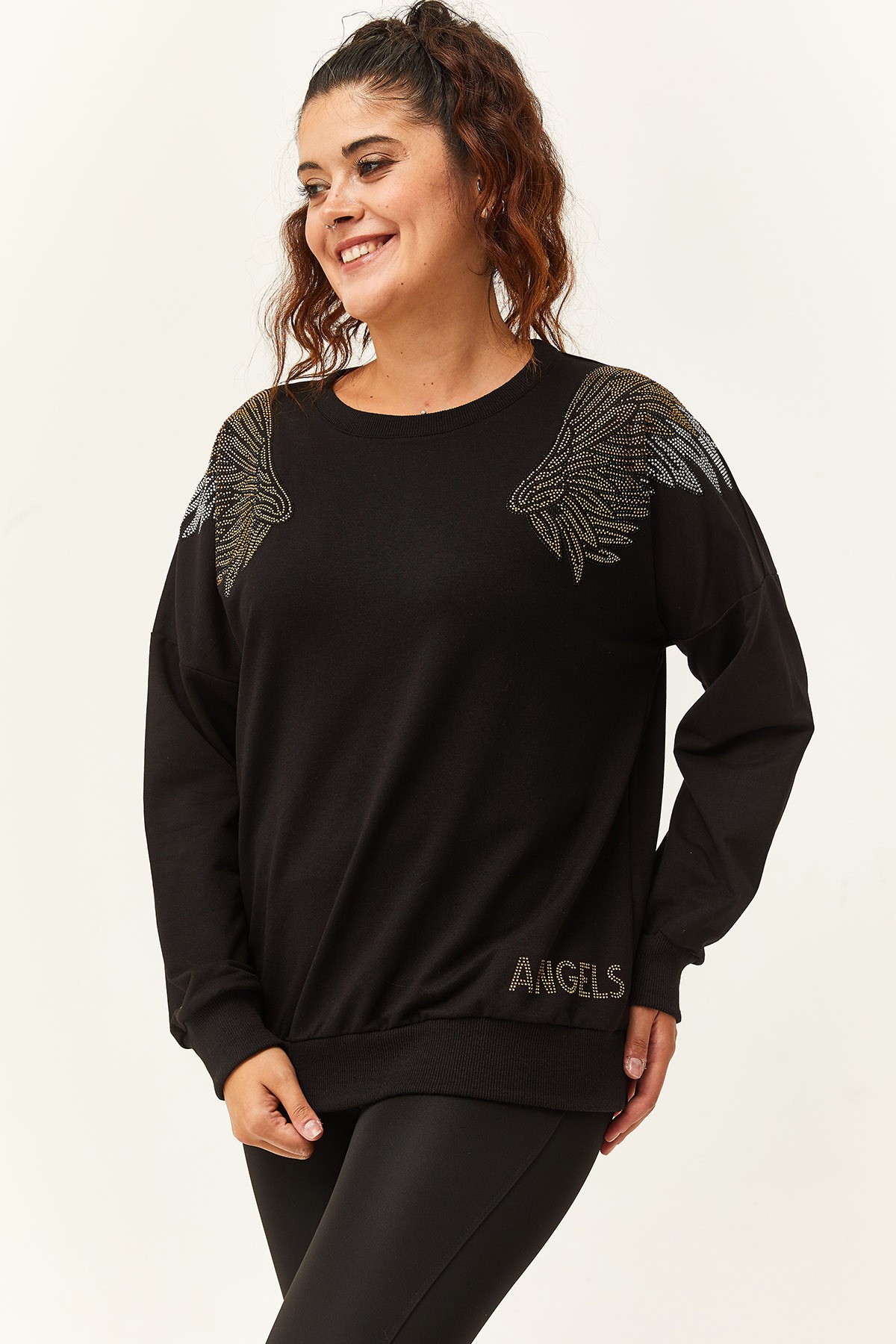 Kadın Büyük Beden Angels Taş Baskılı Sweatshirt - Siyah