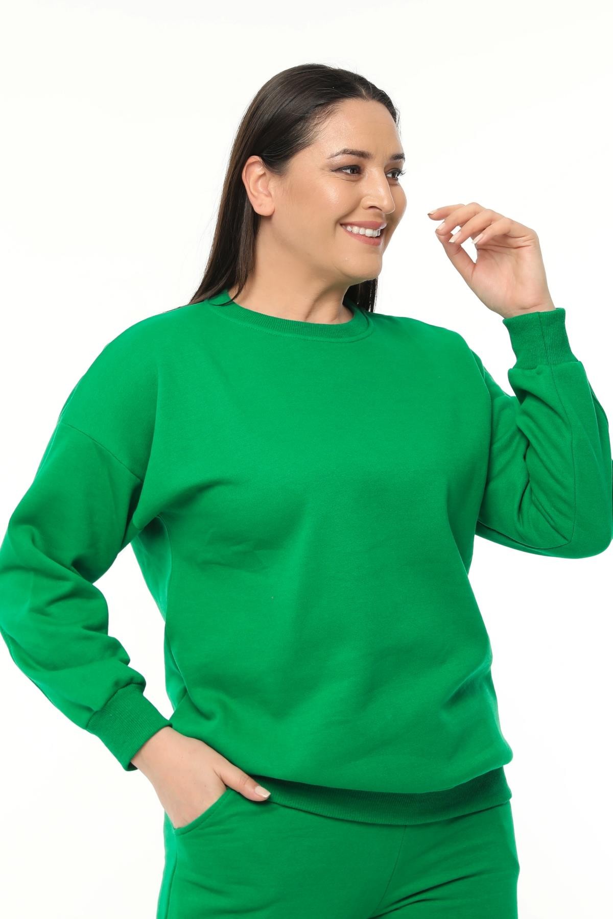 Kadın Büyük Beden Basıc Şardonlu Sweatshirt - Yeşil